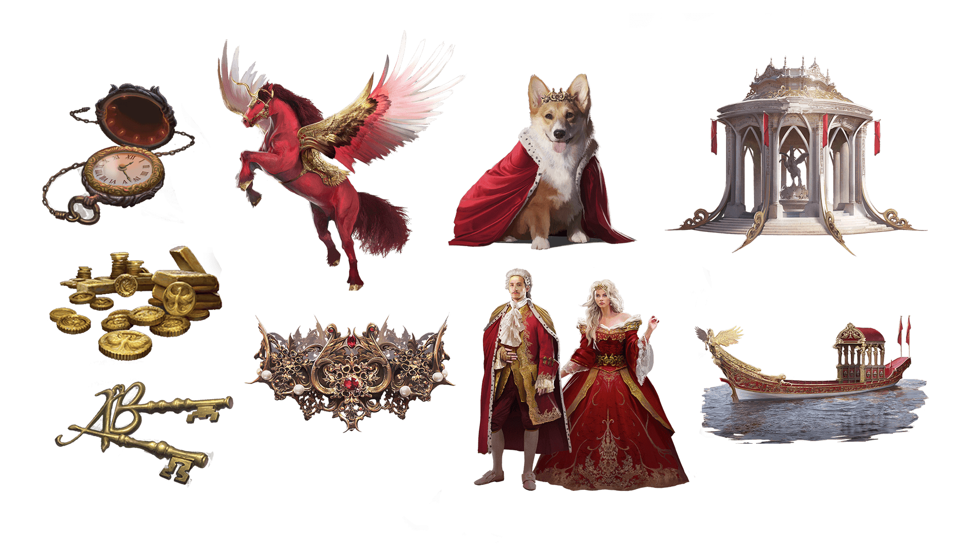 9 images of items included in the voyager plus pre-order package. A pocket watch for game time, a coin for embers, a key for game access, the accessory, the pet, mount, costume, caravan, and freehold