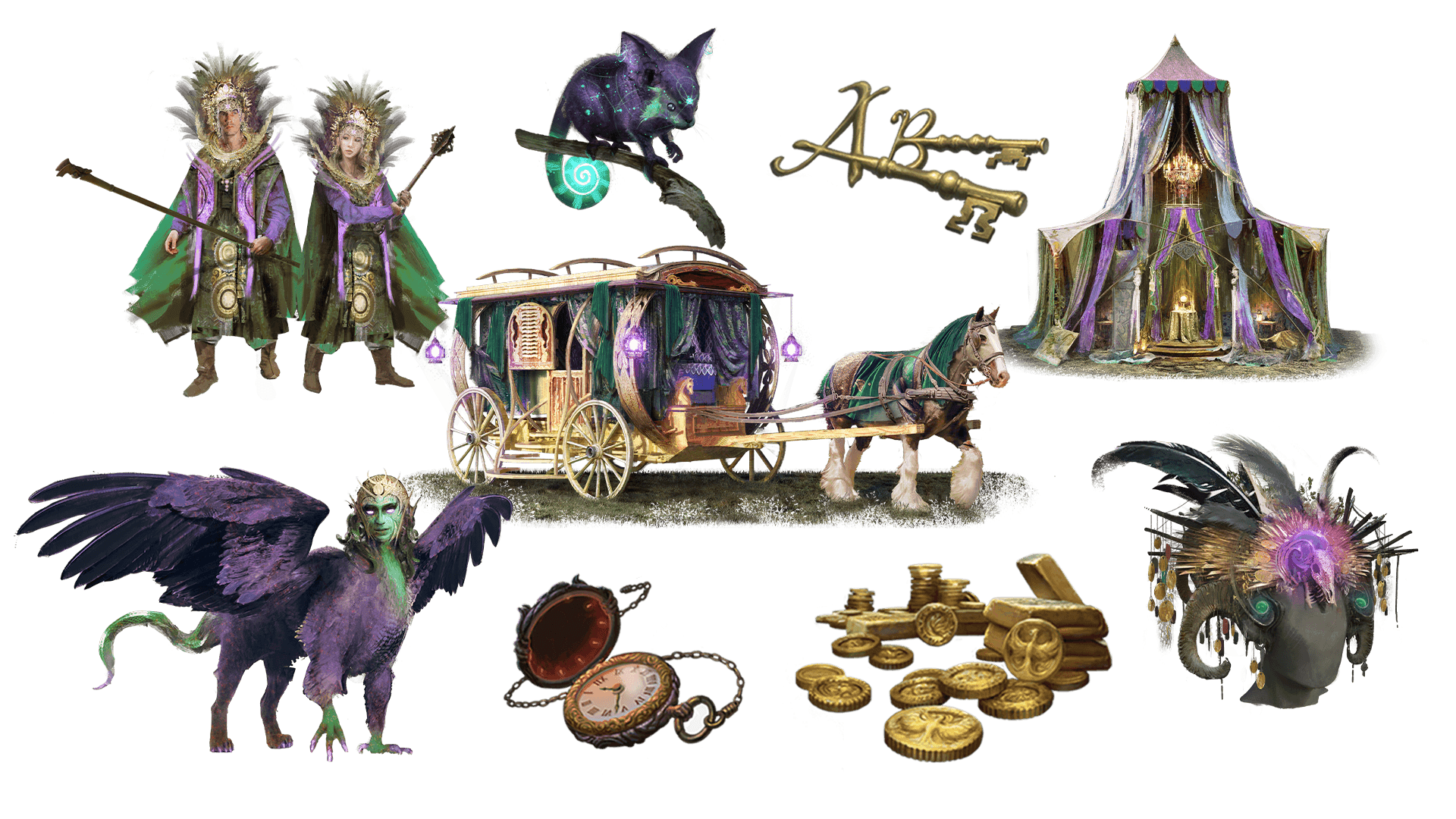 9 images of items included in the voyager plus pre-order package. A pocket watch for game time, a coin for embers, a key for game access, the accessory, the pet, mount, costume, caravan, and freehold