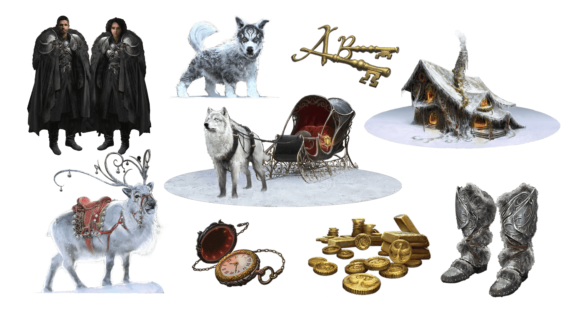 9 images of items included in the voyager plus pre-order package. A pocket watch for game time, a coin for embers, a key for game access, the accessory, the pet, mount, costume, caravan, and freehold