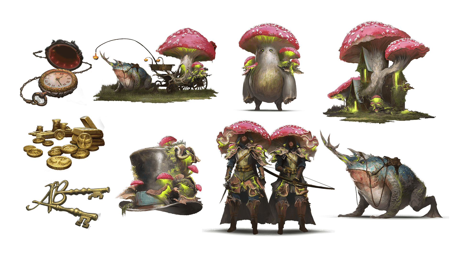 9 images of items included in the voyager plus pre-order package. A pocket watch for game time, a coin for embers, a key for game access, the accessory, the pet, mount, costume, caravan, and freehold