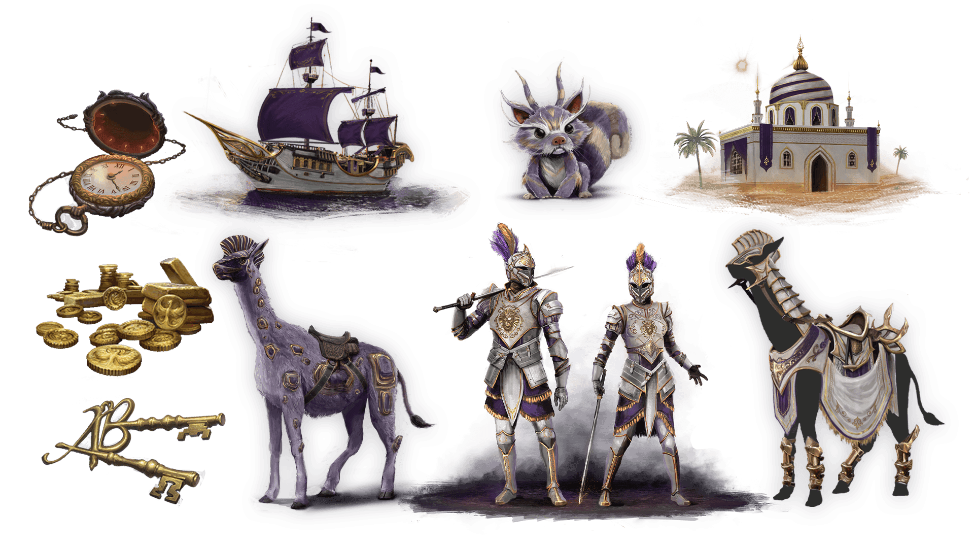 9 images of items included in the voyager plus pre-order package. A pocket watch for game time, a coin for embers, a key for game access, the accessory, the pet, mount, costume, caravan, and freehold