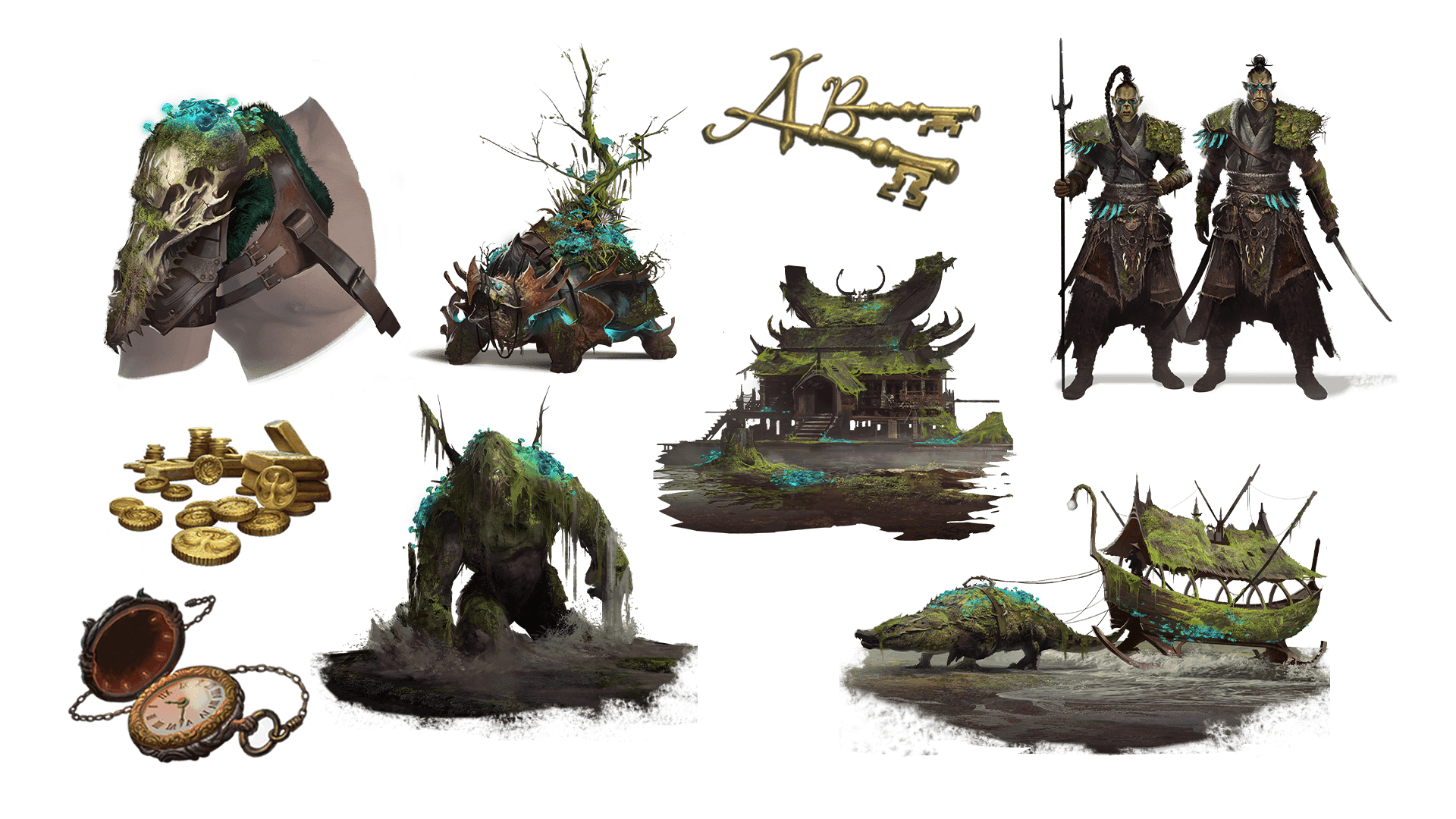 9 images of items included in the voyager plus pre-order package. A pocket watch for game time, a coin for embers, a key for game access, the accessory, the pet, mount, costume, caravan, and freehold