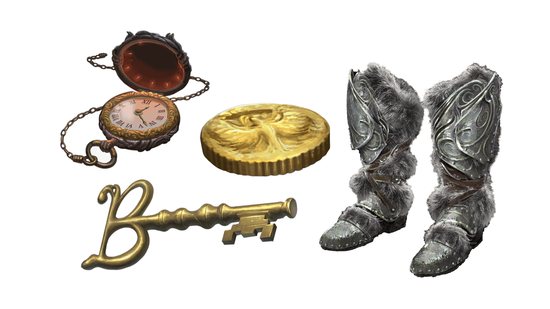 4 images of items included in the wayfarer pre-order package. A pocket watch for game time, a coin for embers, a key for game access, and the accessory