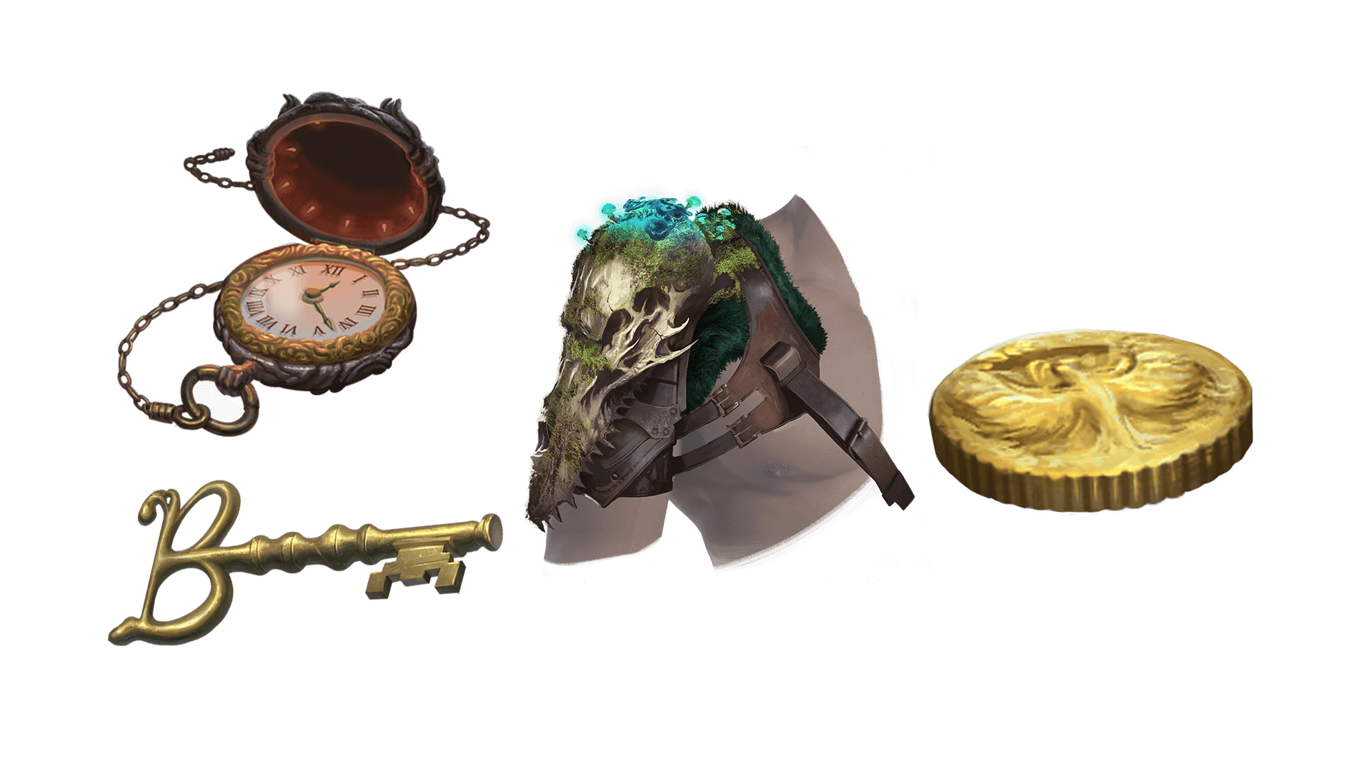 4 images of items included in the wayfarer pre-order package. A pocket watch for game time, a coin for embers, a key for game access, and the accessory