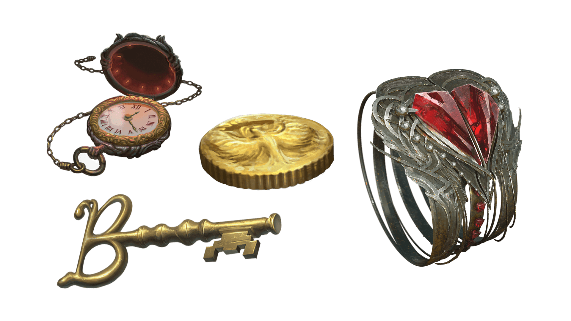 4 images of items included in the wayfarer pre-order package. A pocket watch for game time, a coin for embers, a key for game access, and the accessory