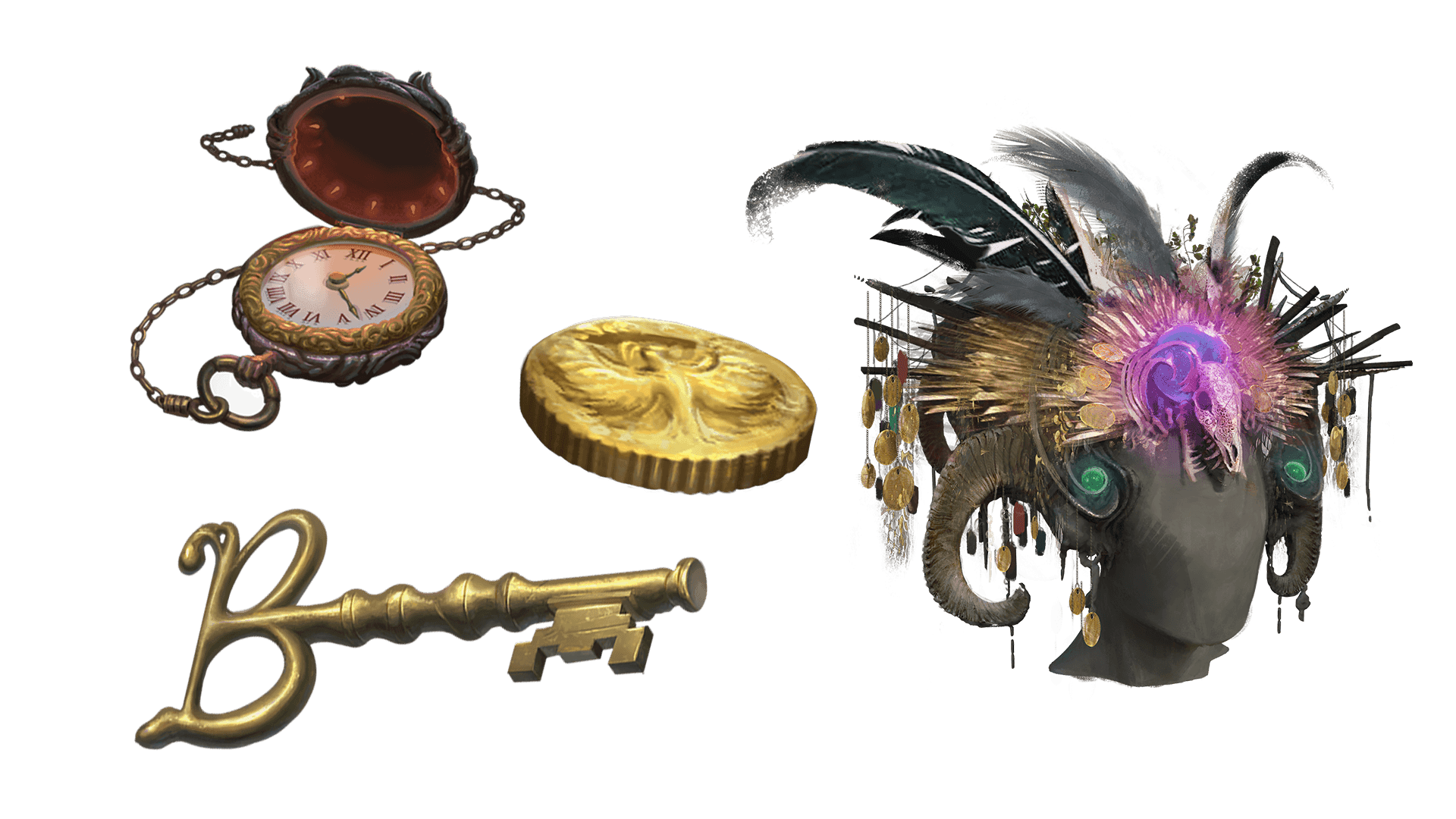 4 images of items included in the wayfarer pre-order package. A pocket watch for game time, a coin for embers, a key for game access, and the accessory