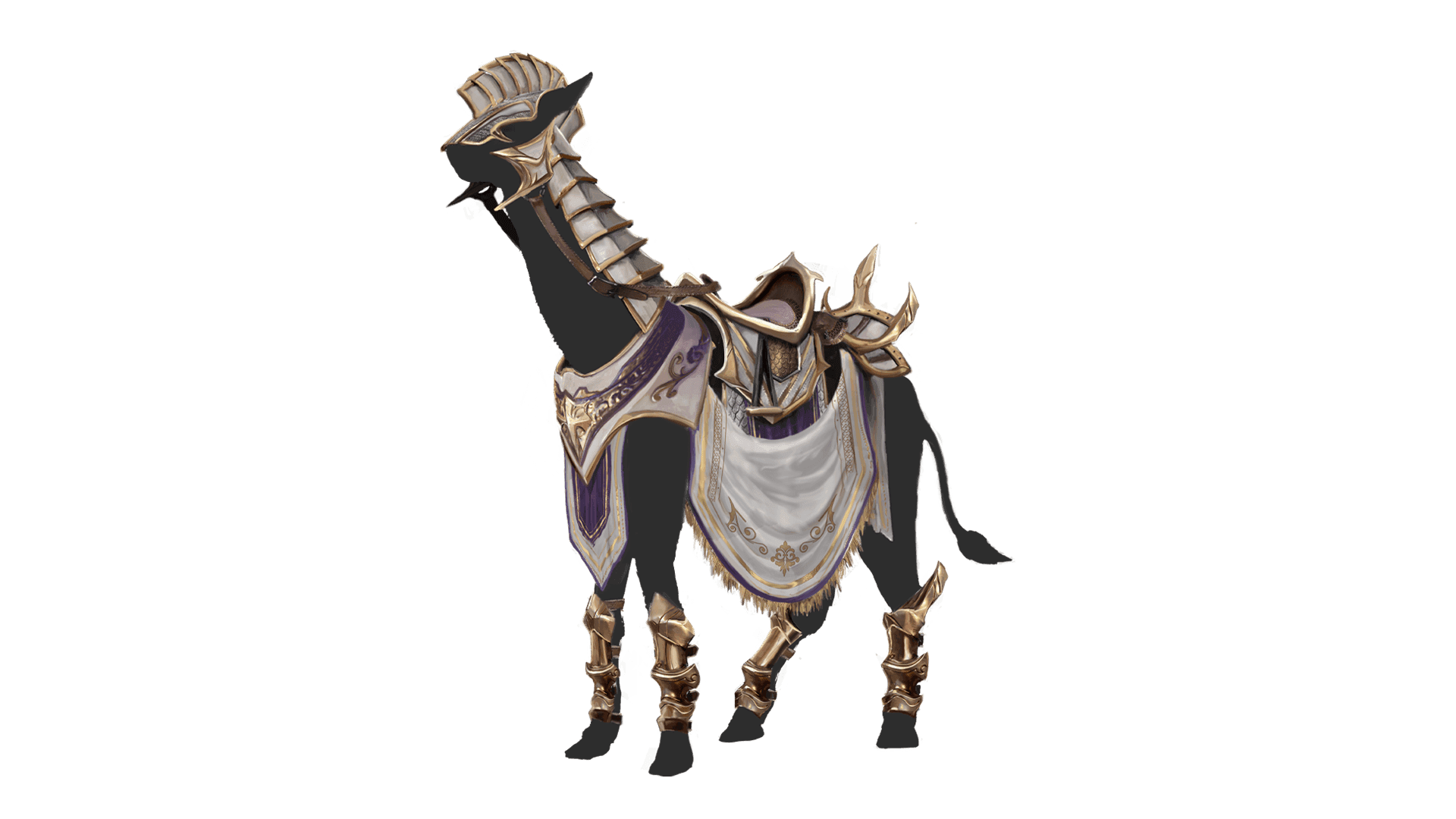 An outline of a modal shows how this clothing would look on a mount. The clothing is of loose hanging white cloth with purple and gold details. There is a metal plated armor set that goes up the neck of the creature and meets as a helmet at the top. 