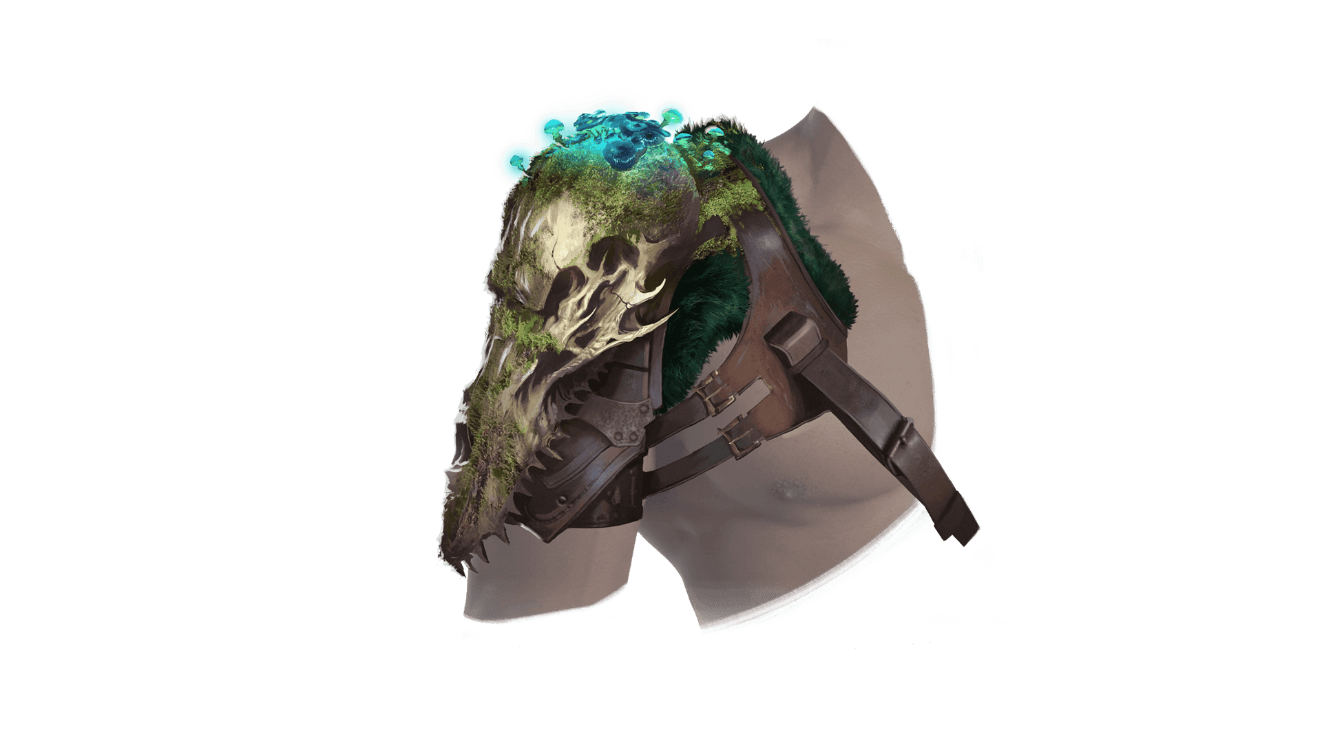 A shoulder pad made of an alligator's skull sits atop a plate of armor strapped onto the shoulder by leather bands.