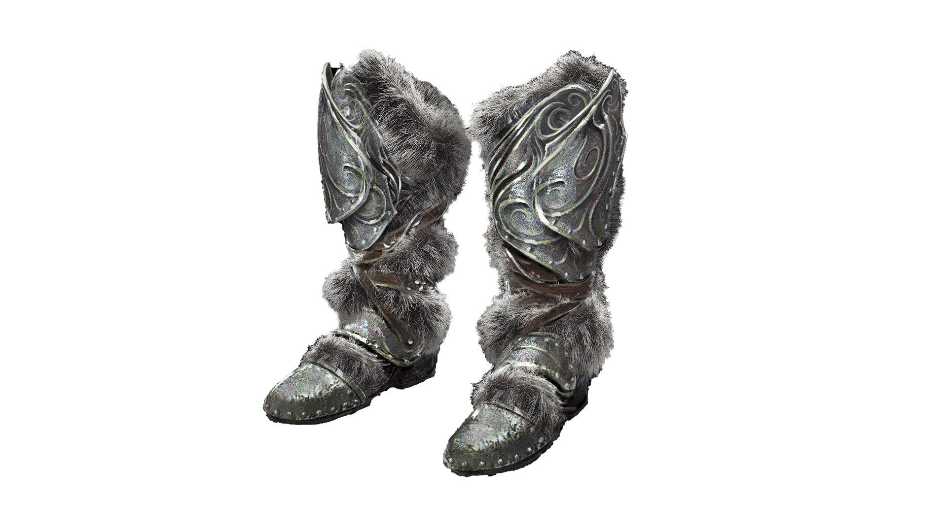 Grey boots with leather straps and tuffs of fur.
