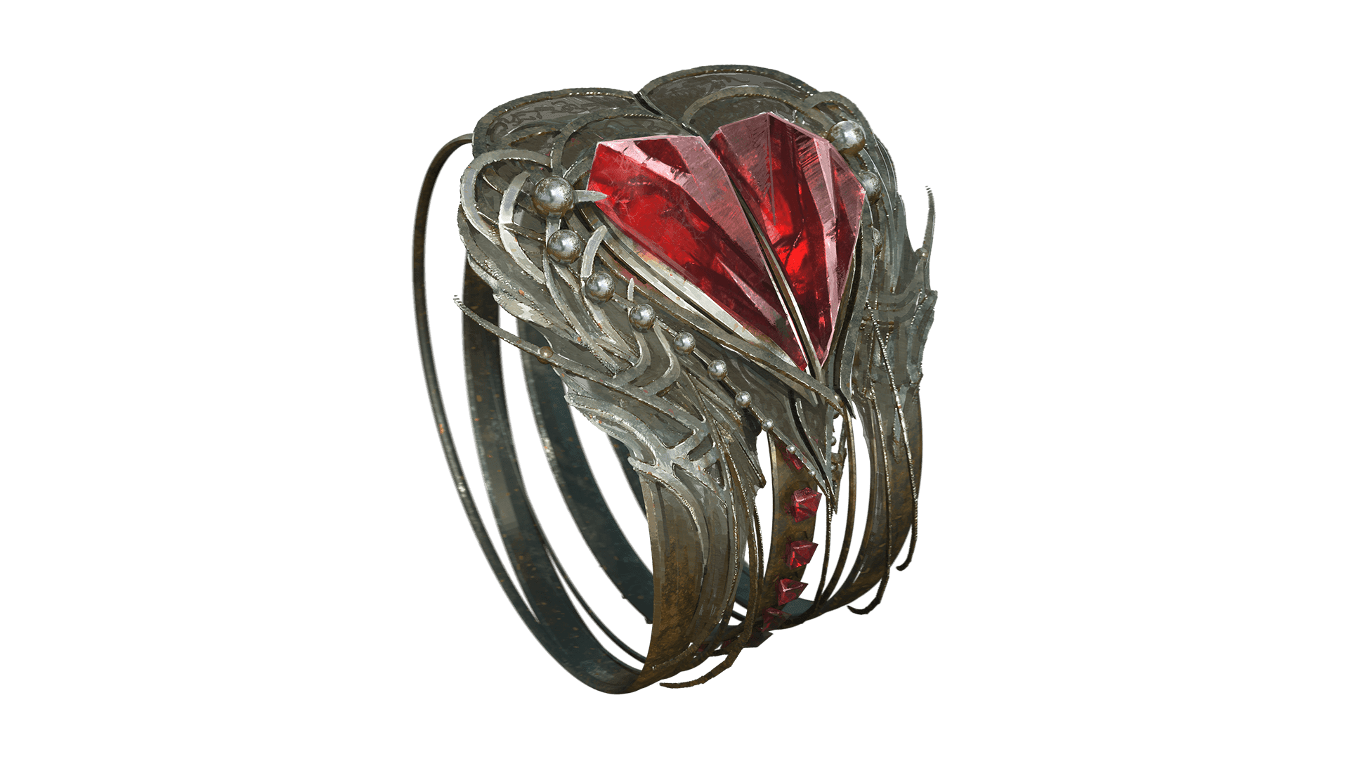Multiple iron bands are fused together to create a ring with a ruby heart center.