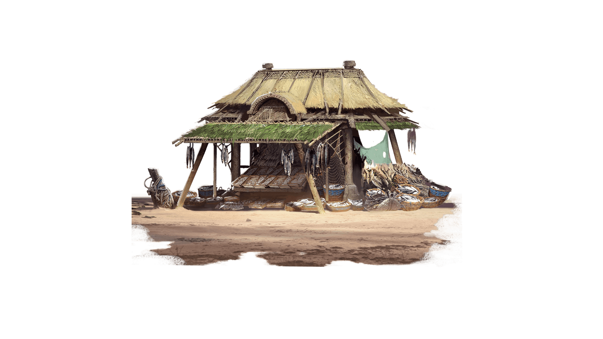 A market stand with a grass thatched roof and displays full of fish sits on a flat sandy beach.