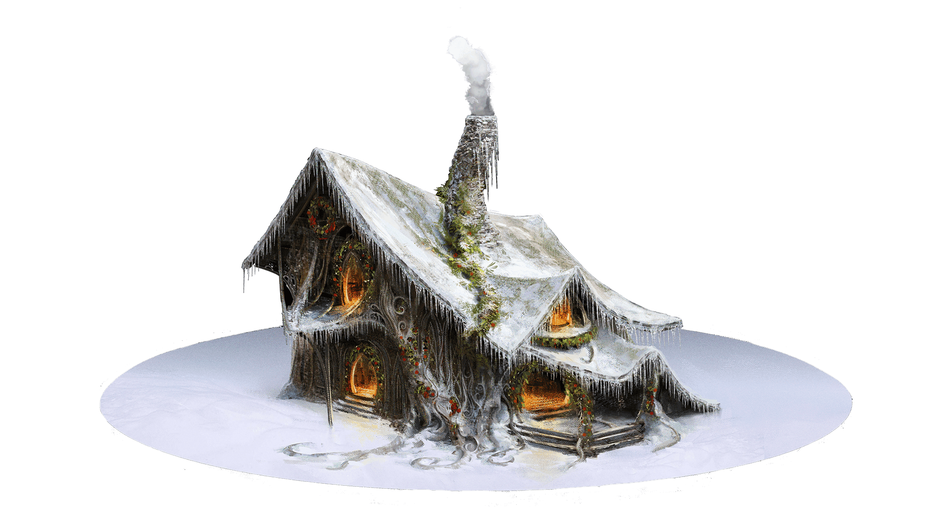 A slanted two story building with vines of holly. A plume of smoke escapes from the chimney and inviting yellow lights pour out from the windows.