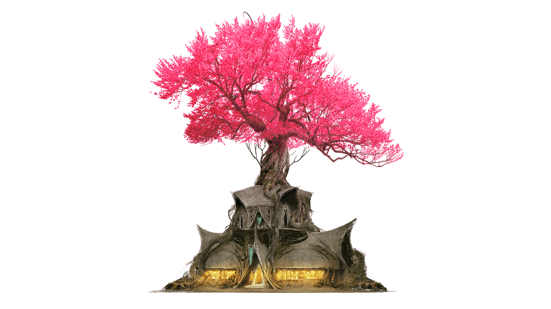 A massive dwelling with pointed roof has a tree with glowing pink leaves growing from the top of it. The bottom floor had long windows that glow with yellow light. While the top floor has not windows or light coming from it.