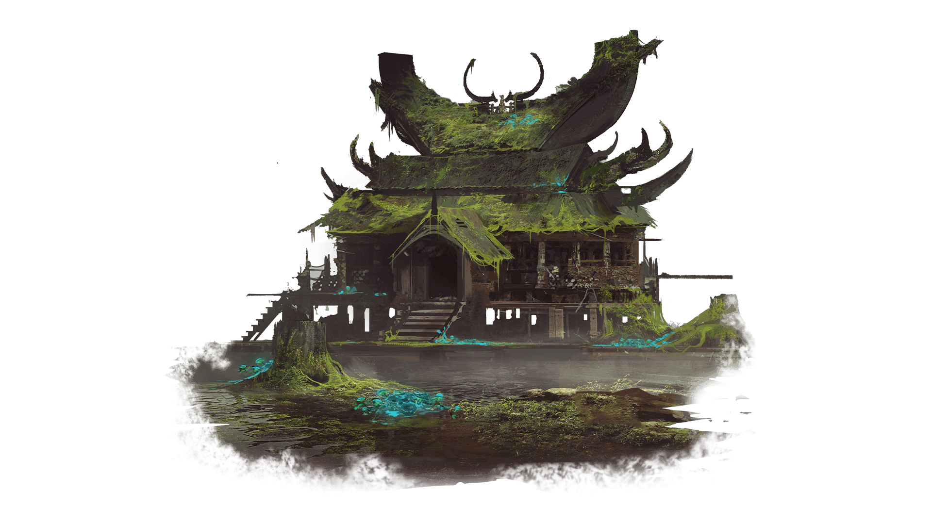 A Minka style building rises up from the swamp water and is covered in moss.