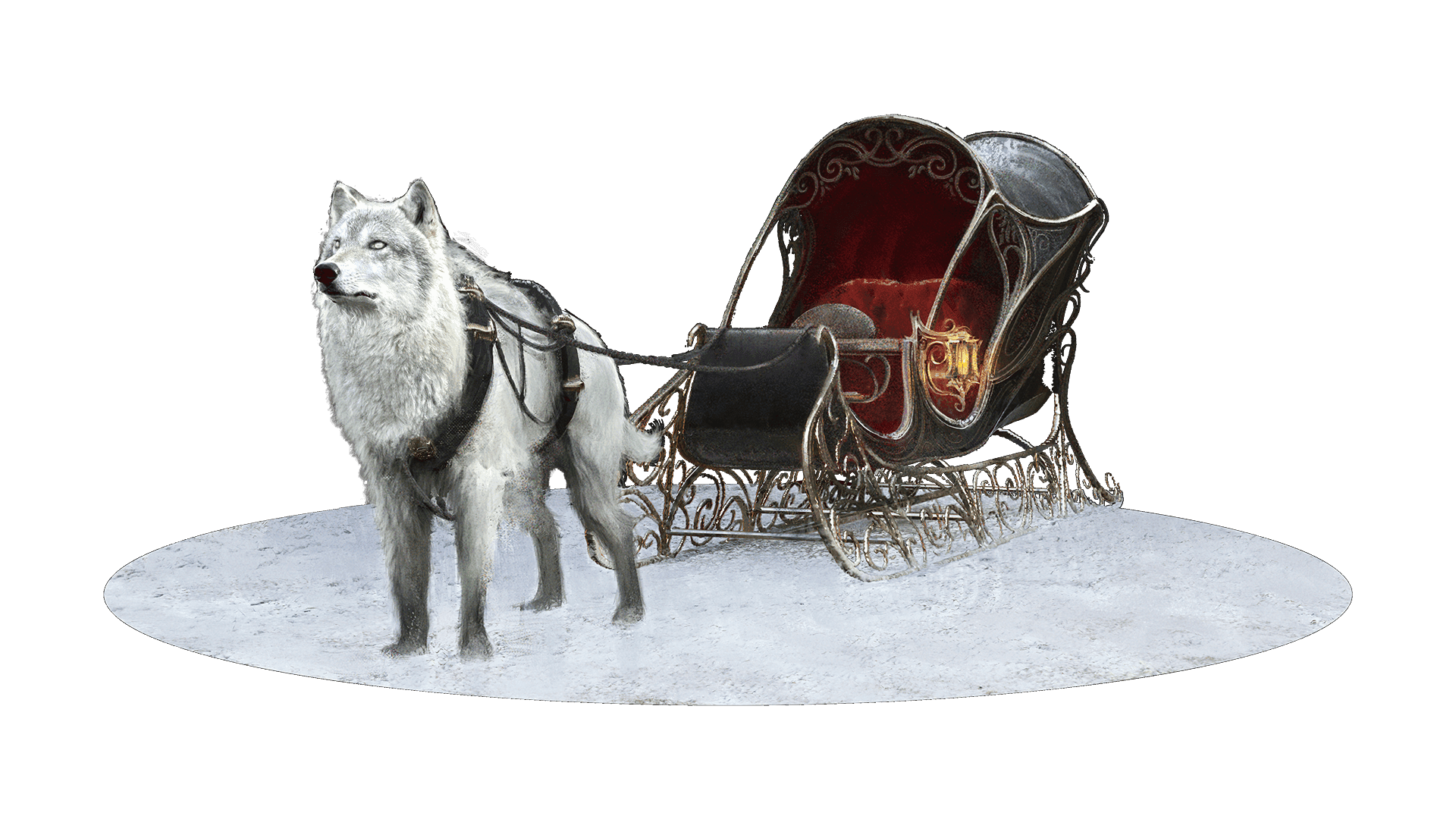 A black sleigh with red velvet interior is pulled by a giant wolf like creature.
