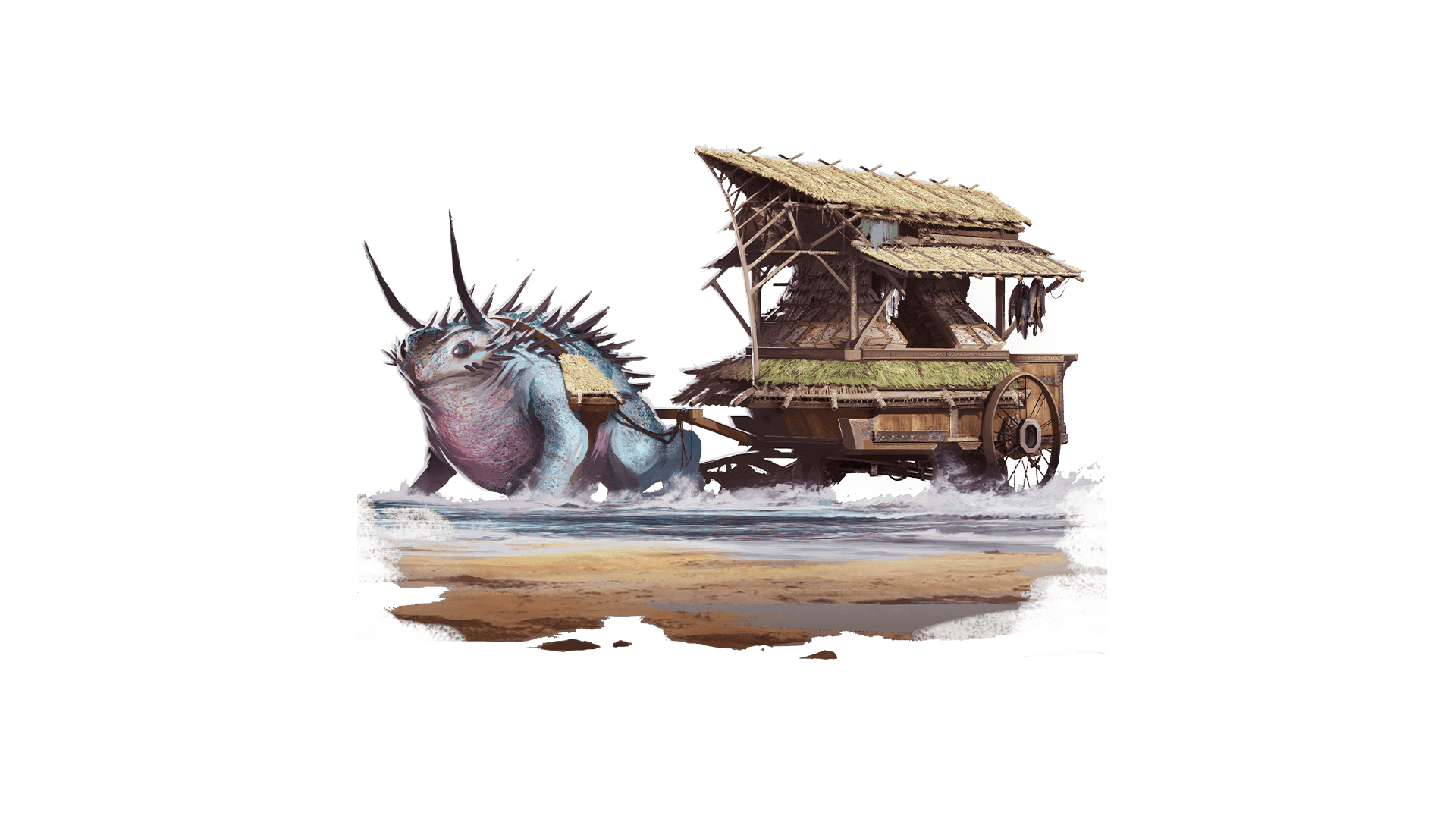 A wagon made out of woven grass sits on a wooden base and is being pulled out of the ocean by a prickly pollywog.