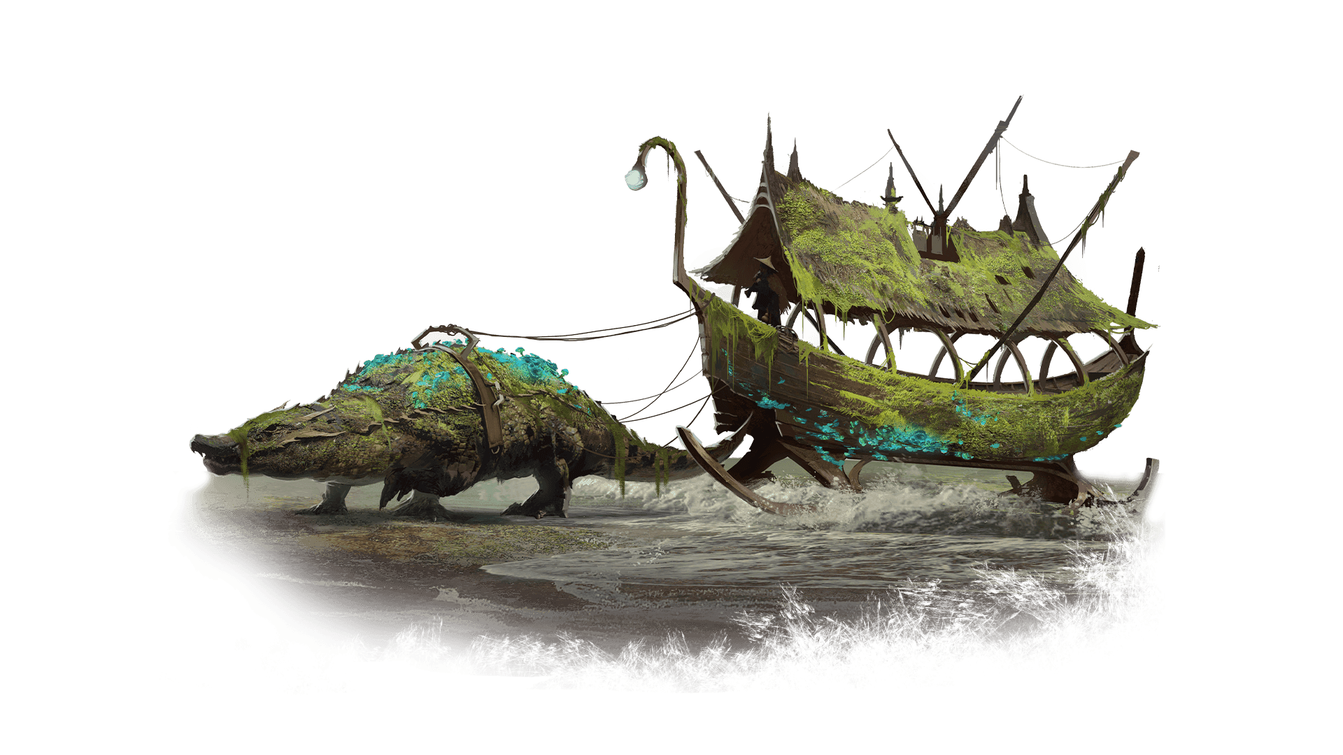 A wooden ships body suspended on sleighs and covered in moss is being dragged by a single crocodile like creature with blue mushrooms on its back.