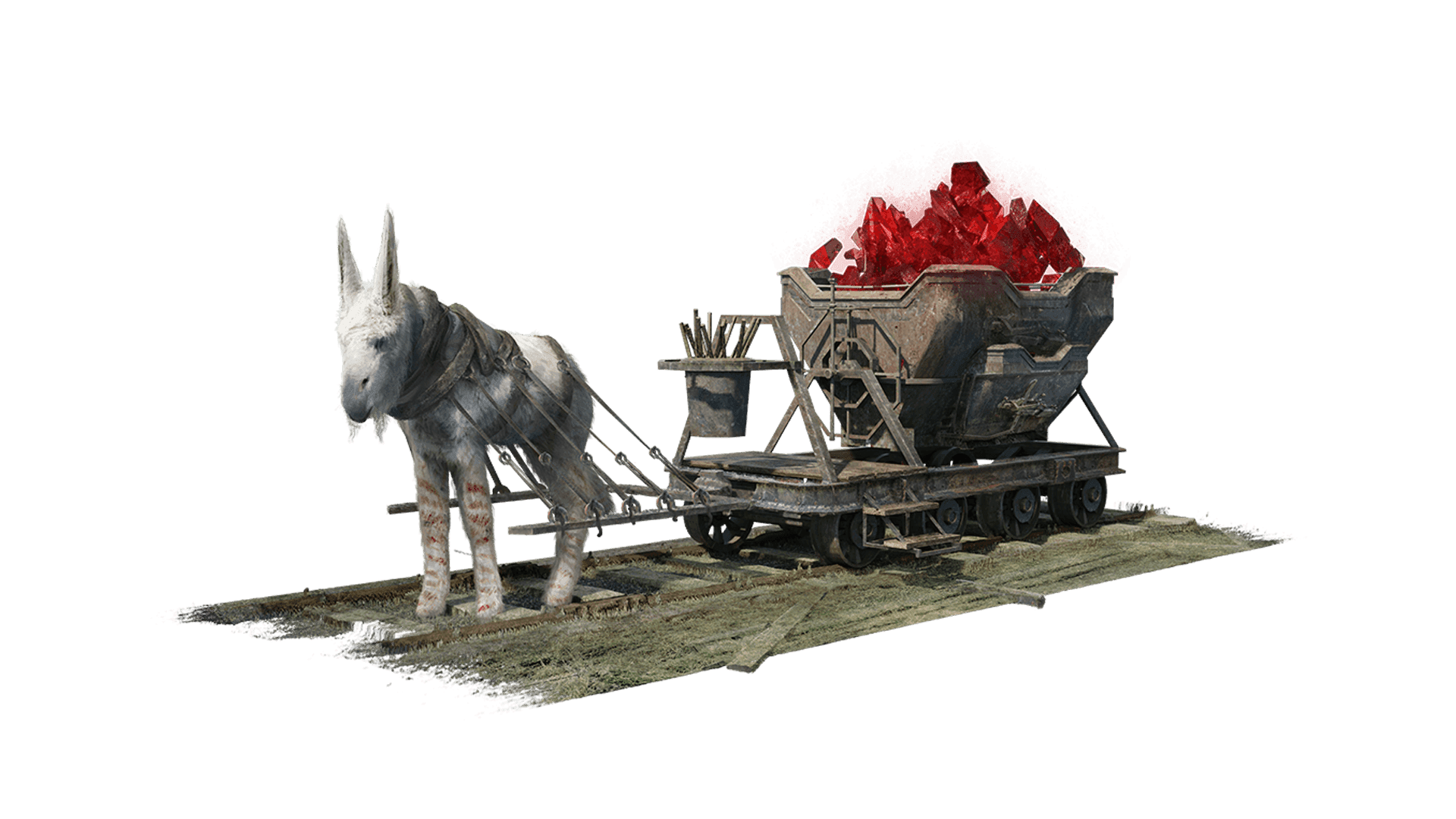 A steel miner's cart filled with red rubies is being pulled on tracks by one talltuft calf.
