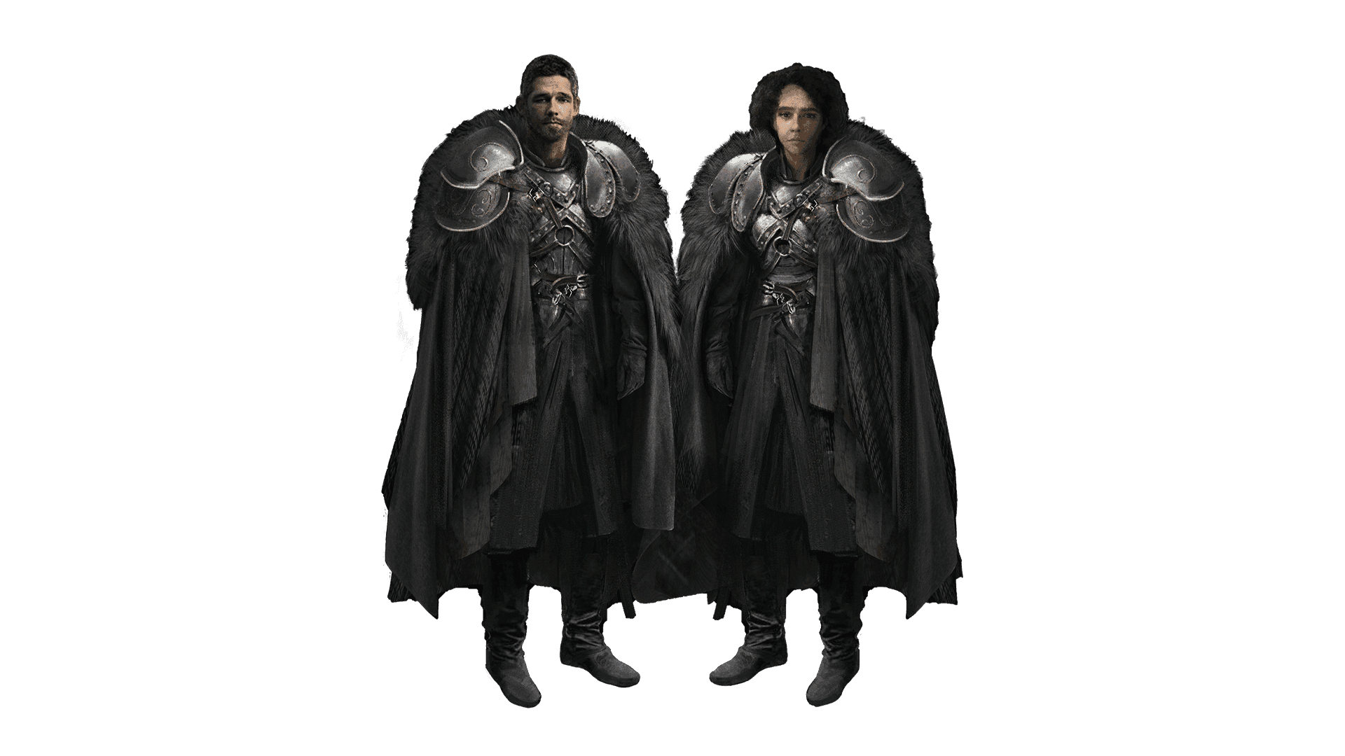A male and female human stand side by side with thick clothes of midnight black. They wear a metal breastplate and have black fur on their backs.