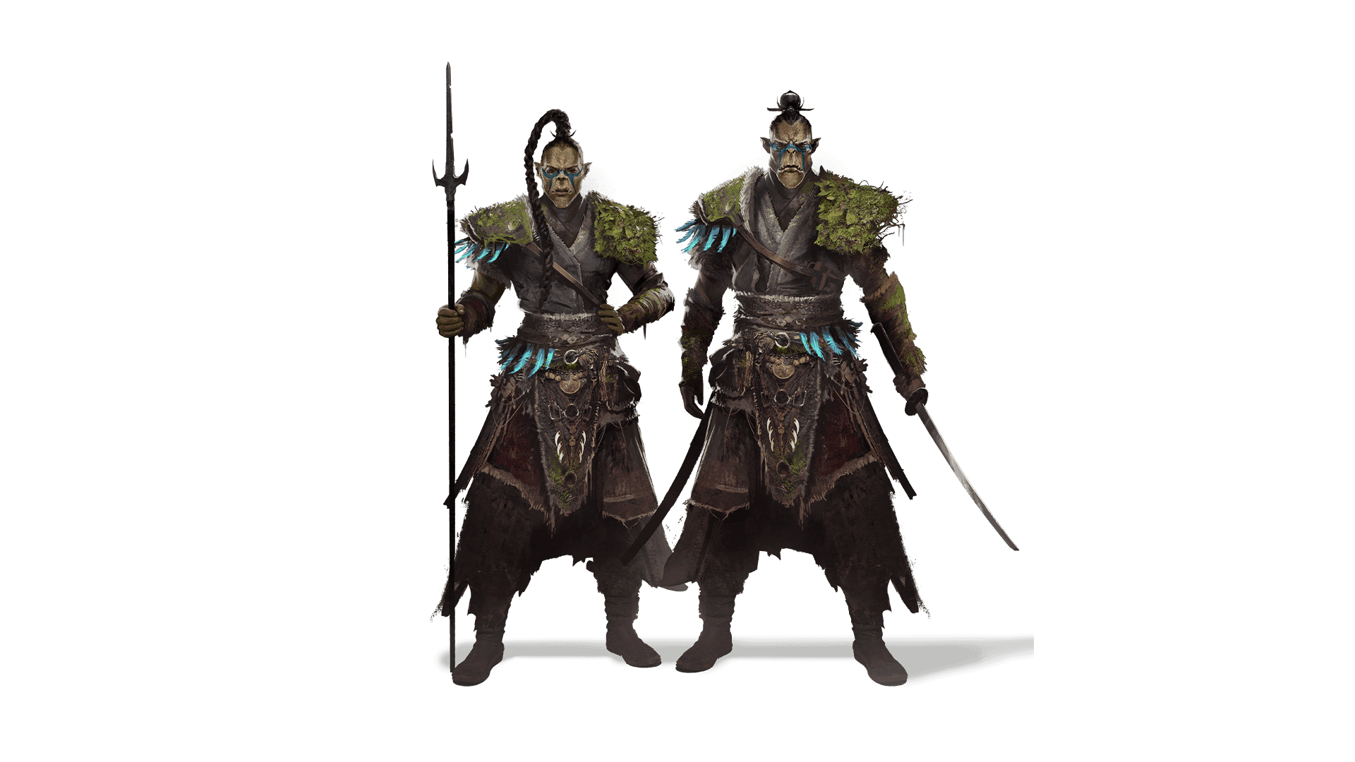 A male and female Ren'Kai stand side by side covered in brown and red clothing. They both have a fur lined belt on and moss covered shoulder pads. Little blue feathers stick out in areas throughout their clothing.