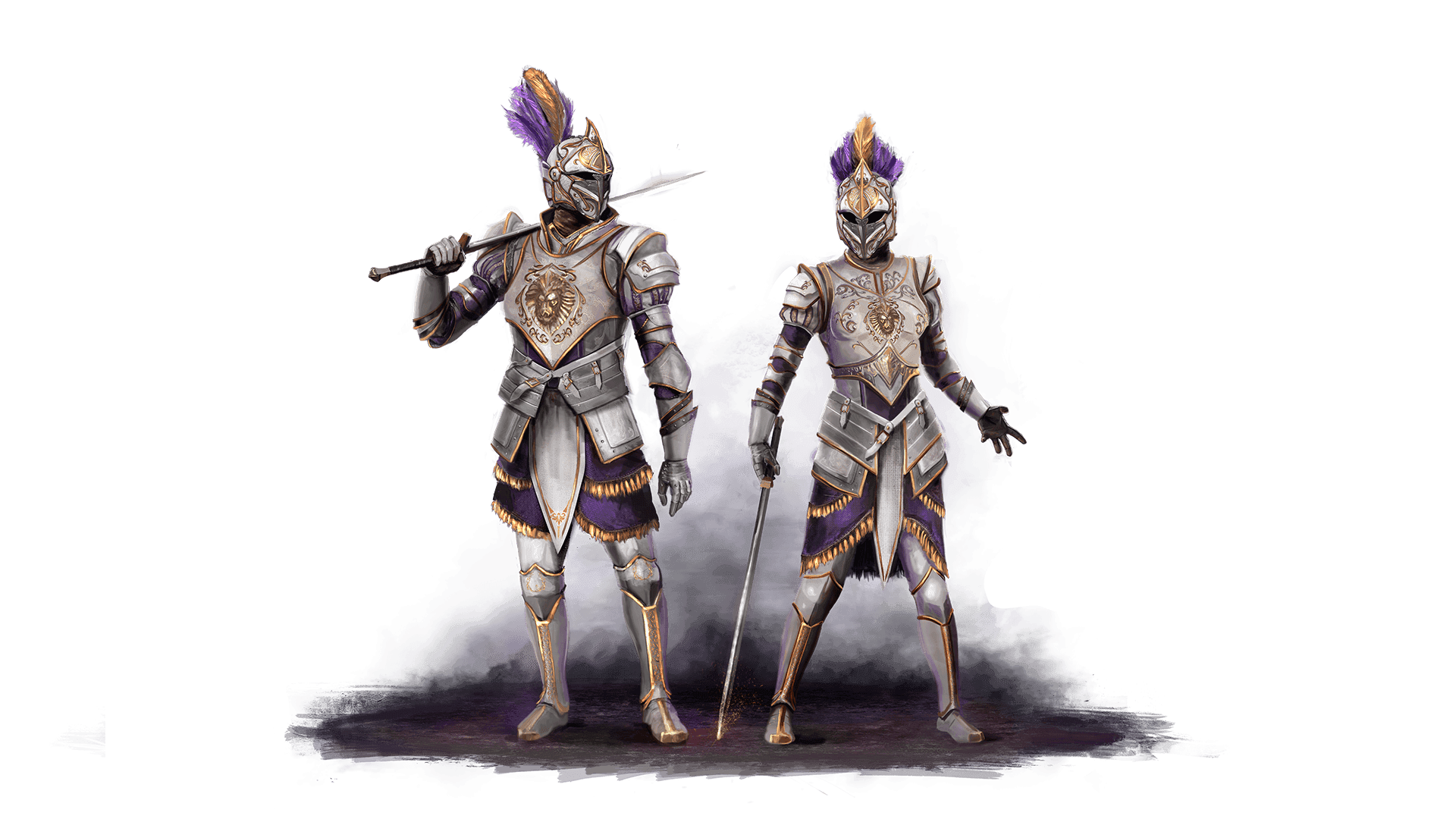 Two knights with white gold armor and gold and purple detailing stand side by side with a lion sigil in the center of their breastplate. Each character has a sword in their hands and purple and yellow feather coming out from the top of their helmet.