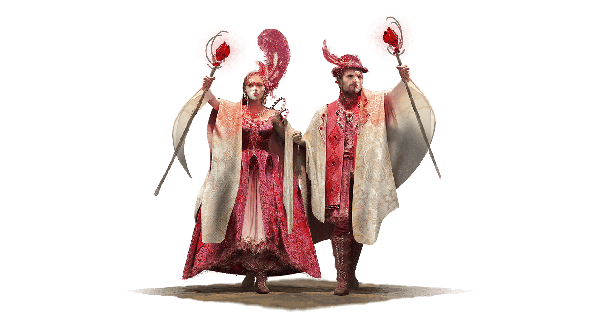 Two beings hold hands and wear pink fancy clothes studded with red gems and a white lace scarf. Each has a white and pink mask on half of their face. Atop their heads is one large pink feather and each holds a scepter with a red ruby center.