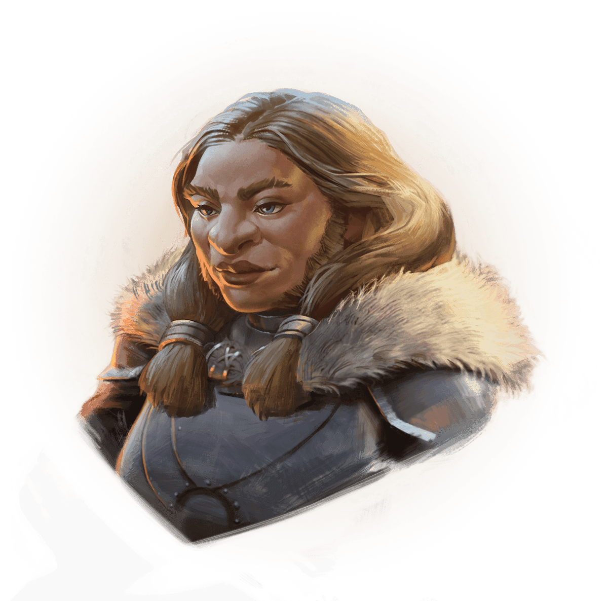 a dwarven woman with fair skin, light eyes, long straight blonde hair, and a short jawline beard faces left. She wears simple metal armor with a white fur cape over her shoulders and tied around her neck