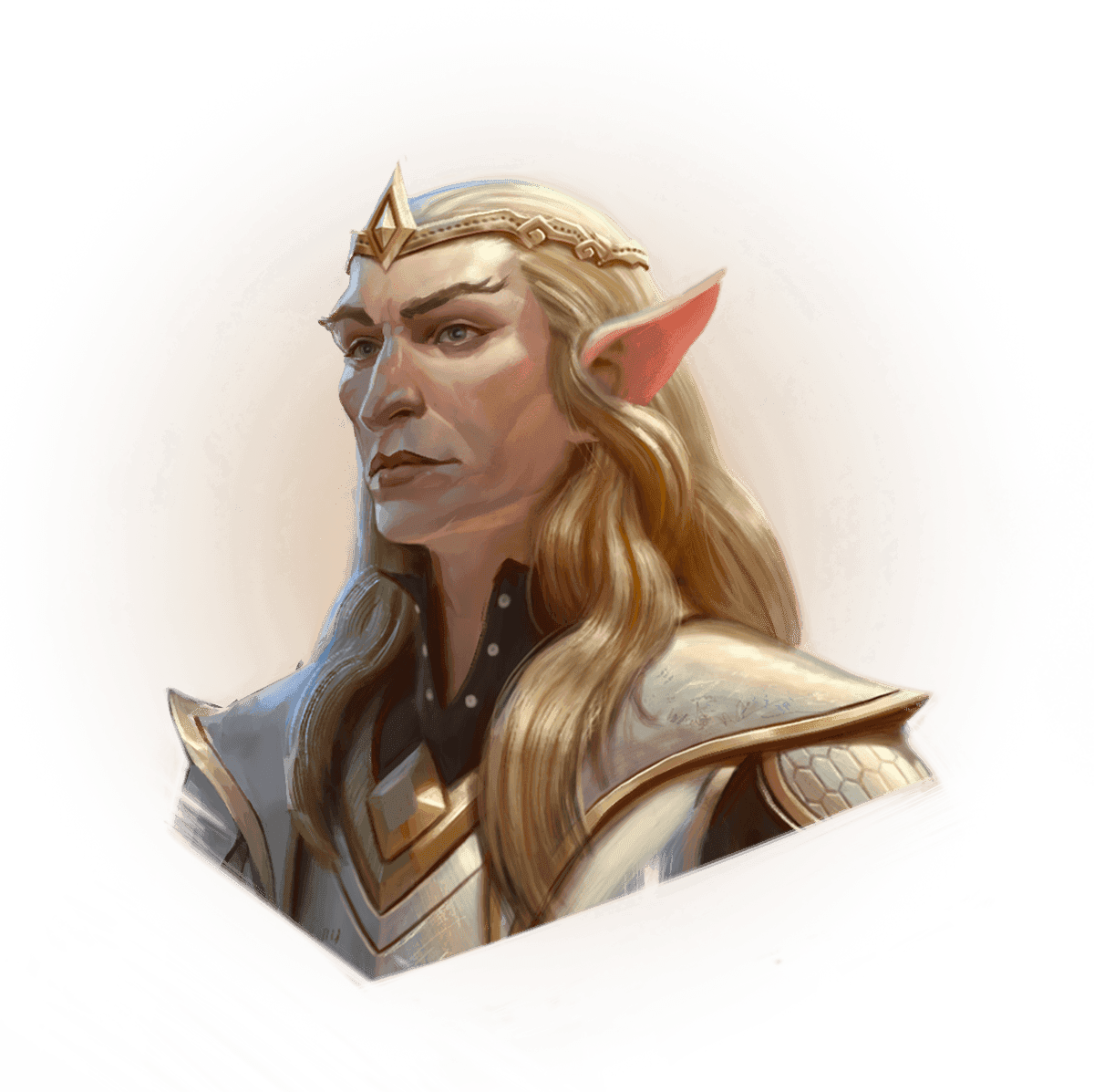 an elf man with fair skin, long straight golden hair, and long pointed ears. He is wearing white robes with elaborate gold trim and a high collar with a delicate gold circlet