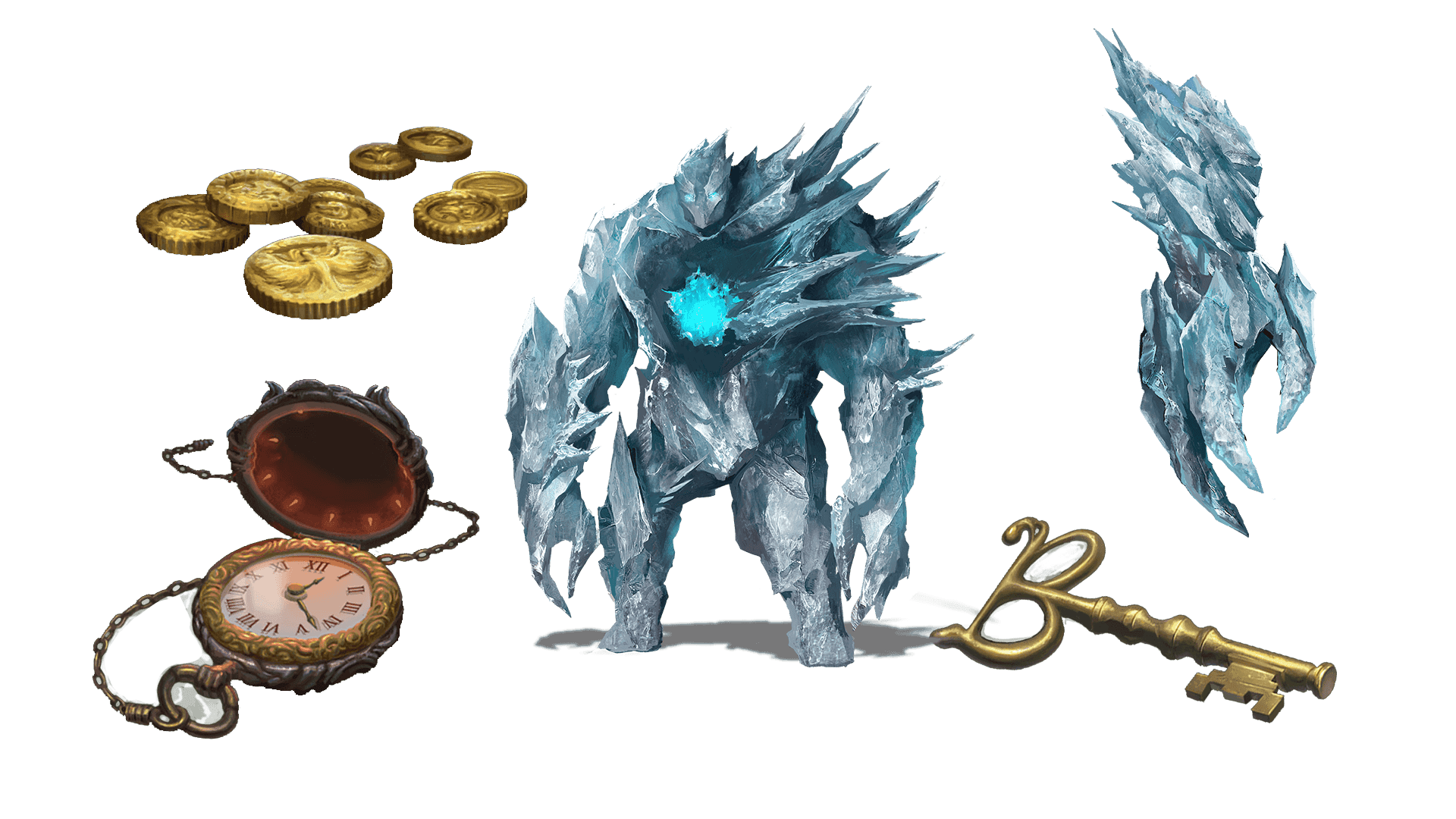 5 images of items included in the expeditionary pre-order package. A pocket watch for game time, a coin for embers, a key for game access, the accessory, and pet  