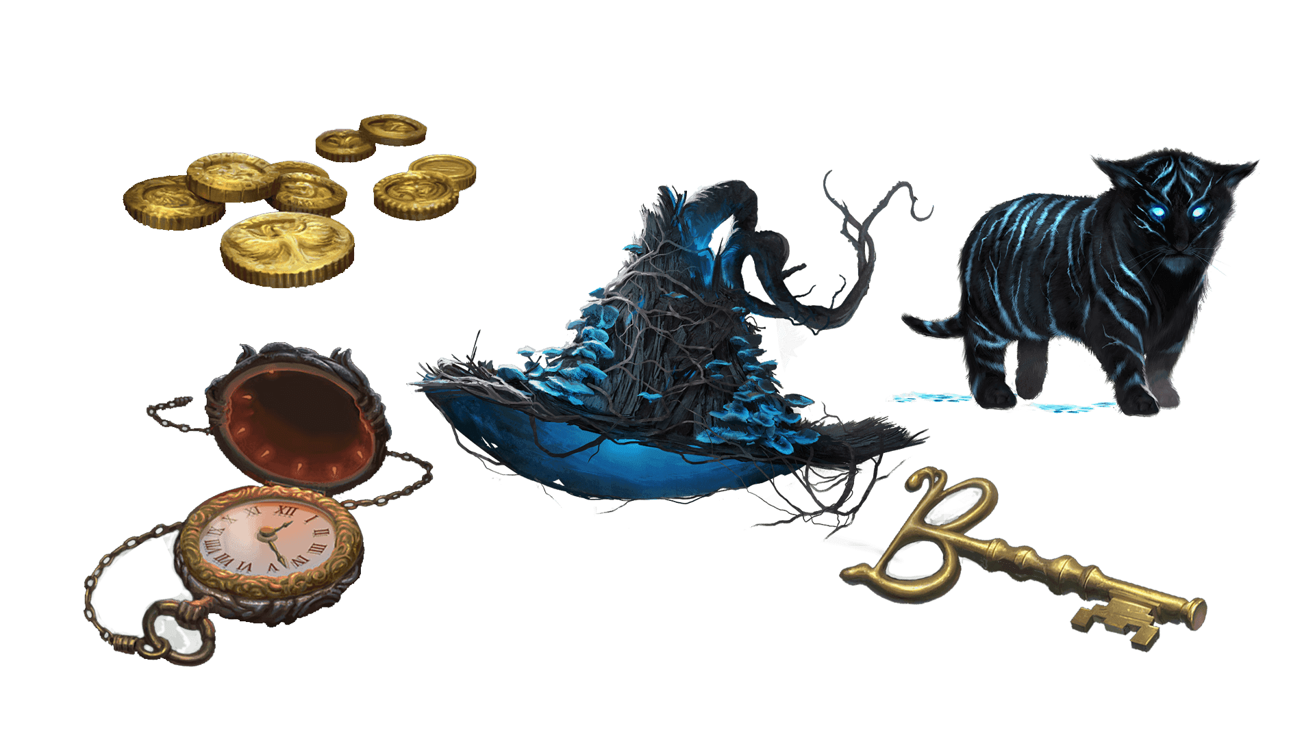 5 images of items included in the expeditionary pre-order package. A pocket watch for game time, a coin for embers, a key for game access, the accessory, and pet  