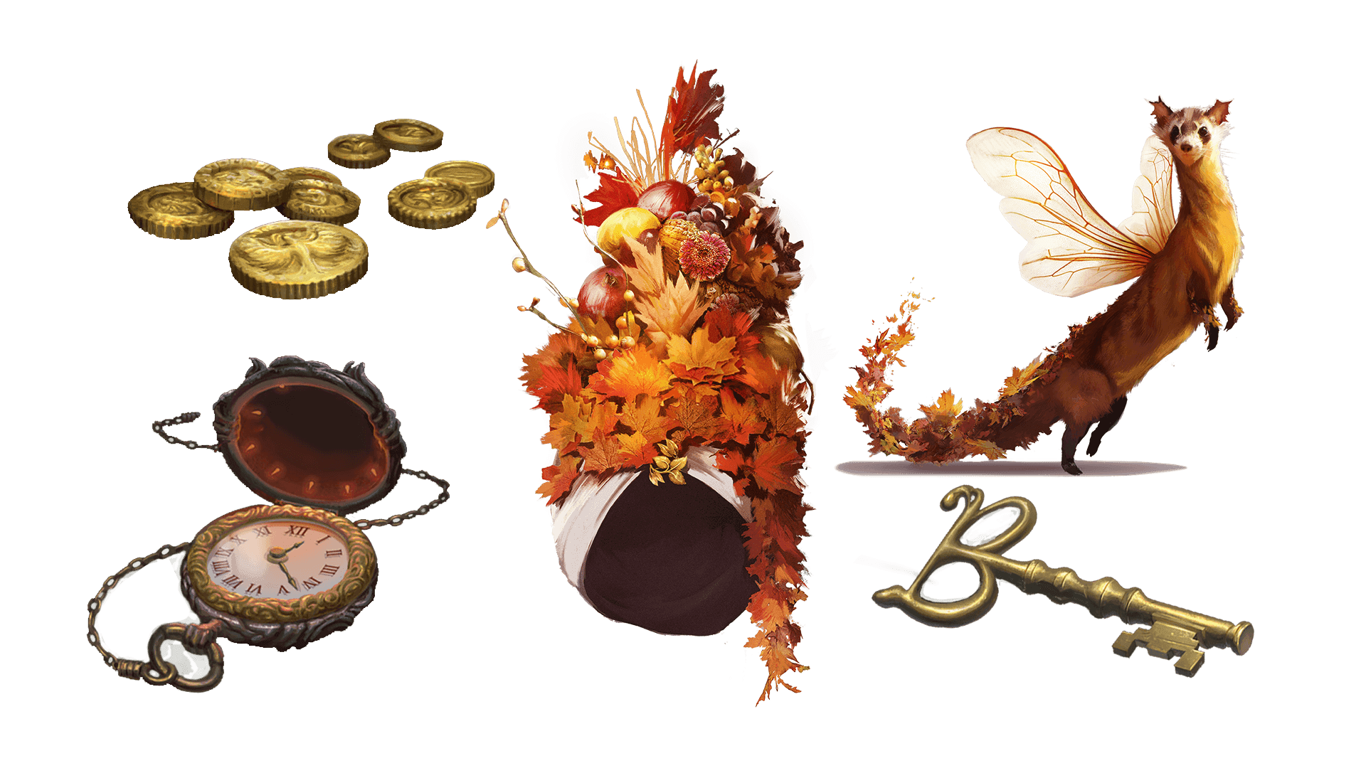 5 images of items included in the expeditionary pre-order package. A pocket watch for game time, a coin for embers, a key for game access, the accessory, and pet  