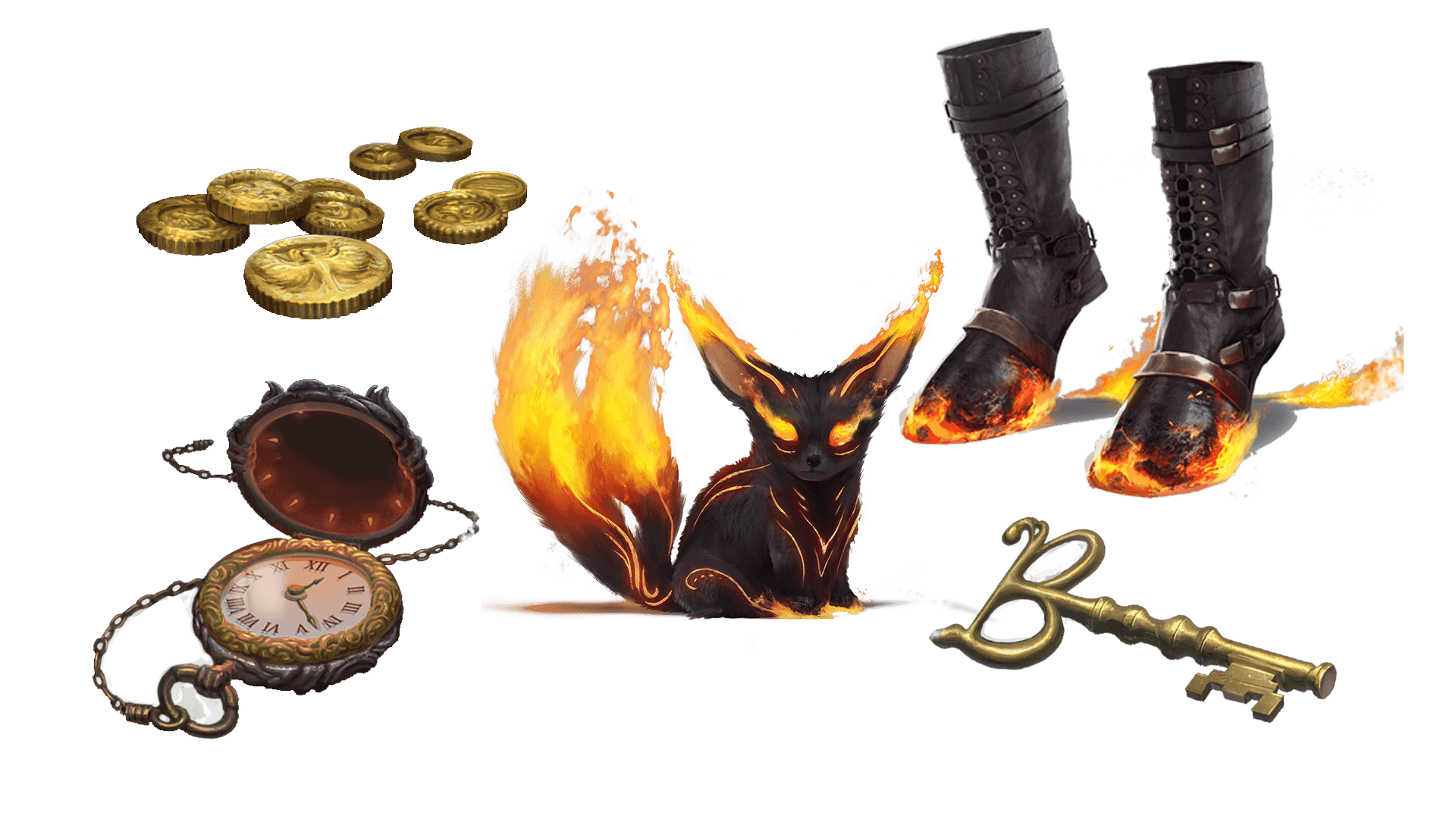 5 images of items included in the expeditionary pre-order package. A pocket watch for game time, a coin for embers, a key for game access, the accessory, and pet  