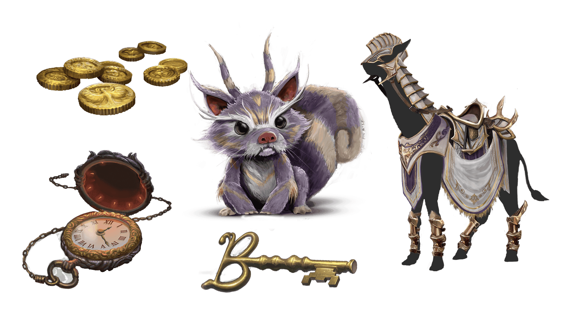 5 images of items included in the expeditionary pre-order package. A pocket watch for game time, a coin for embers, a key for game access, the accessory, and pet  