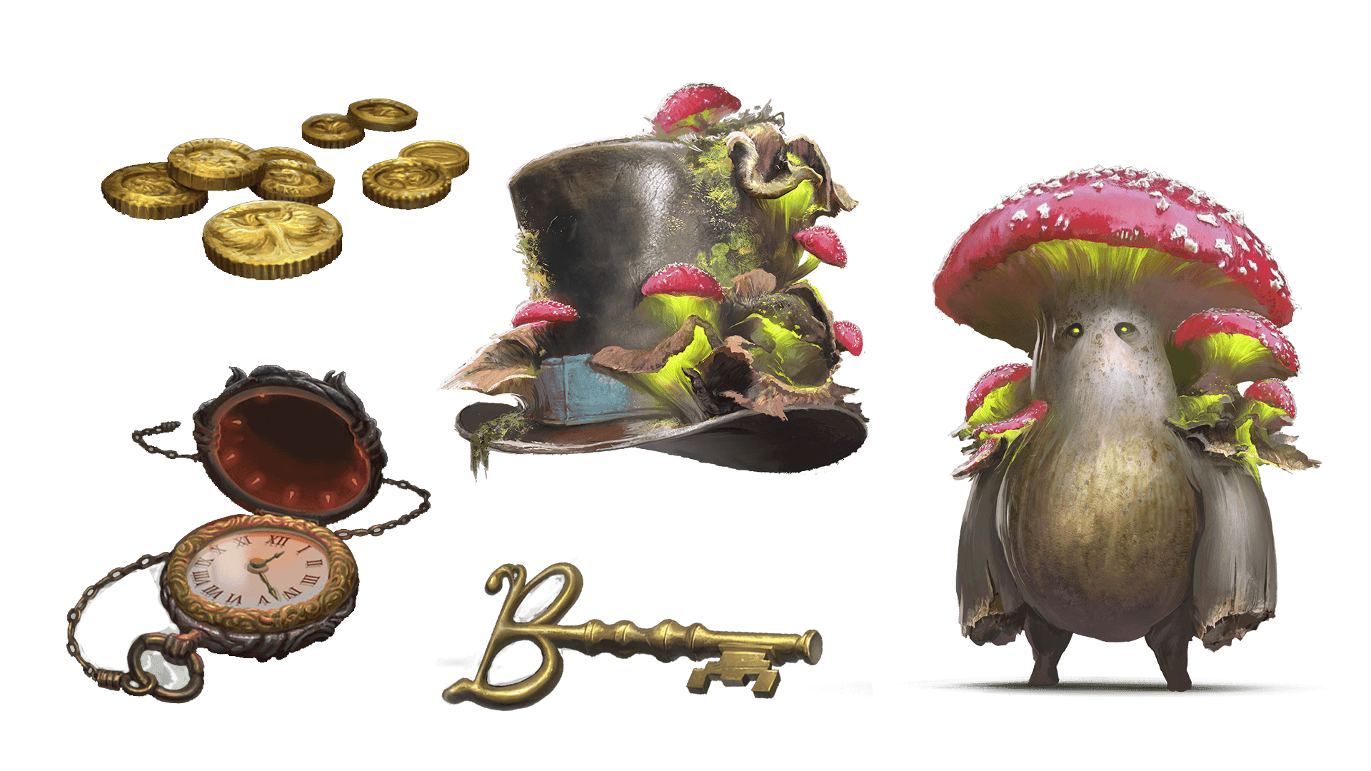 5 images of items included in the expeditionary pre-order package. A pocket watch for game time, a coin for embers, a key for game access, the accessory, and pet  