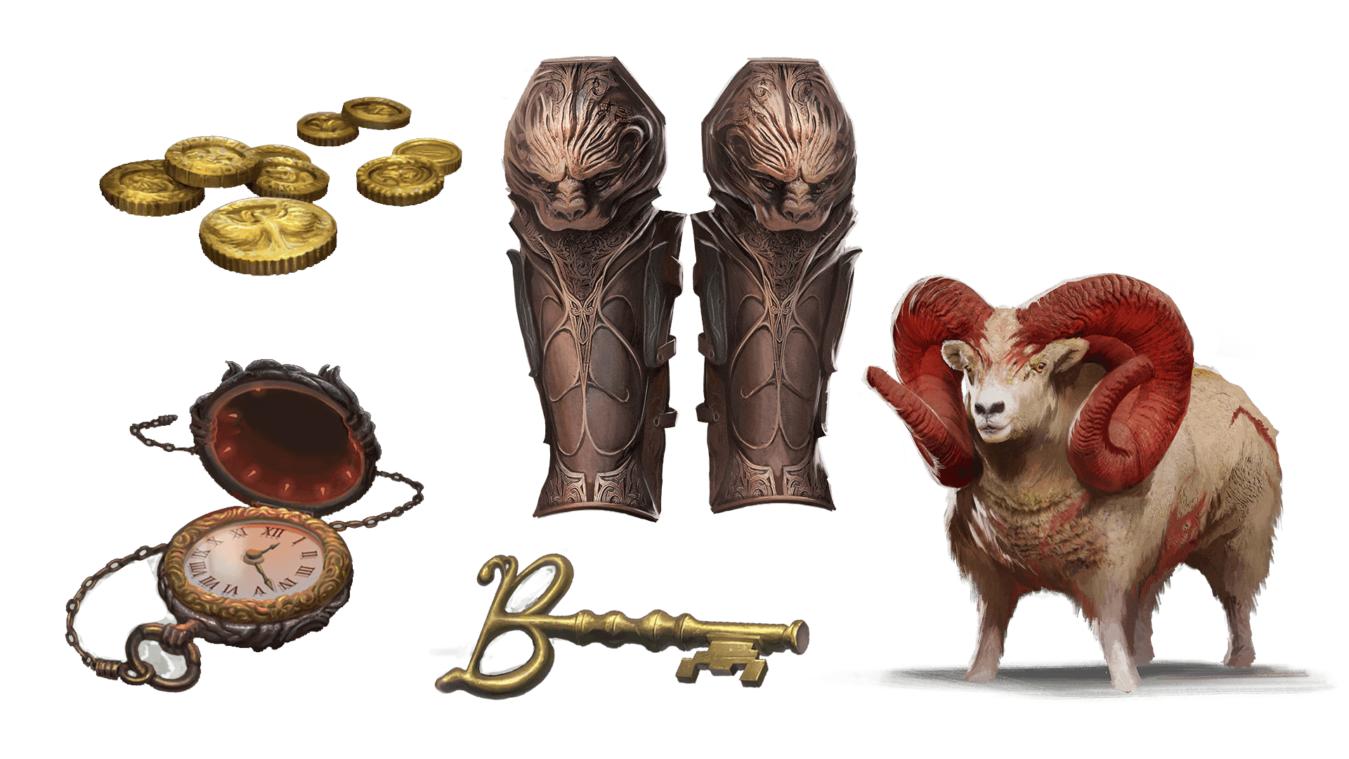 5 images of items included in the expeditionary pre-order package. A pocket watch for game time, a coin for embers, a key for game access, the accessory, and pet  