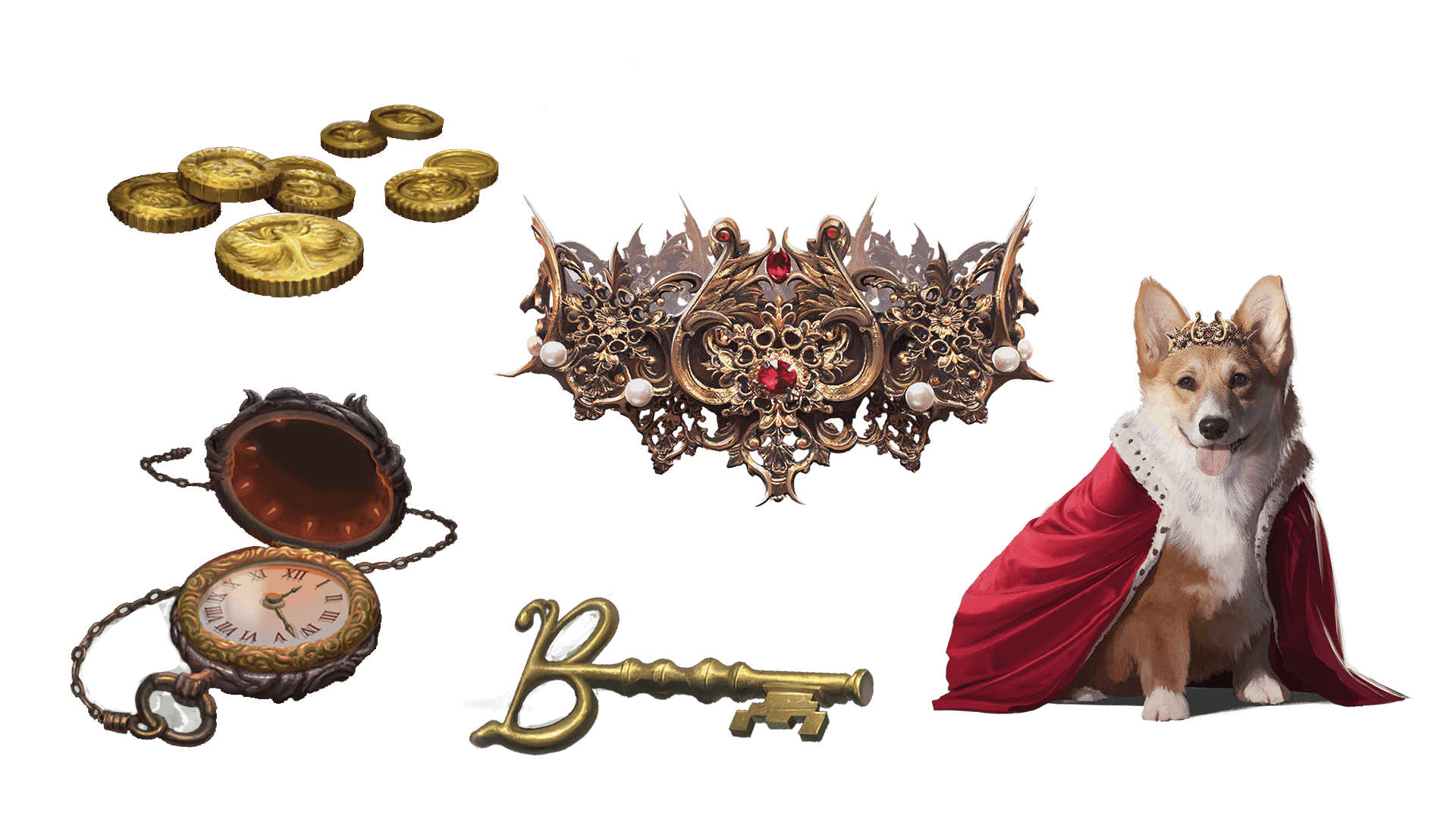 5 images of items included in the expeditionary pre-order package. A pocket watch for game time, a coin for embers, a key for game access, the accessory, and pet  