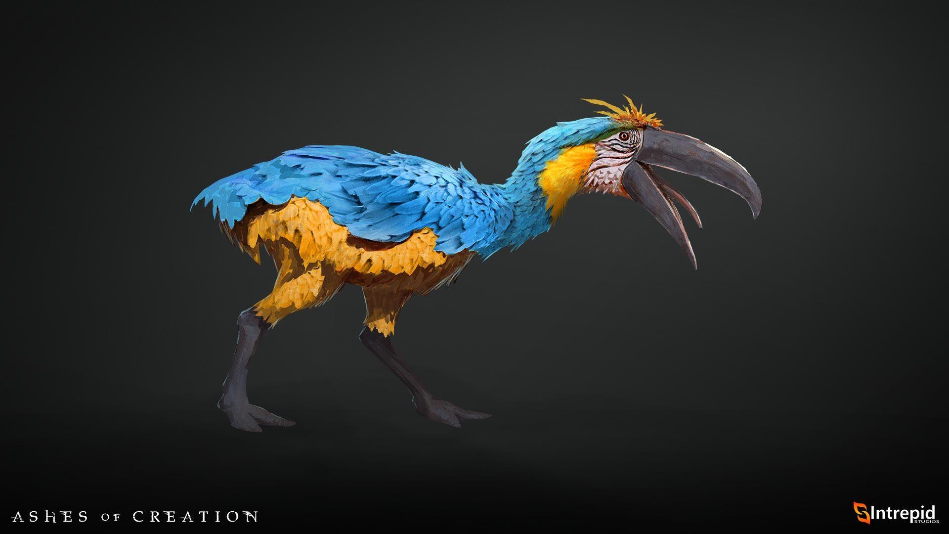  A macaw like creature that stands on two legs and has teeth in its beak.