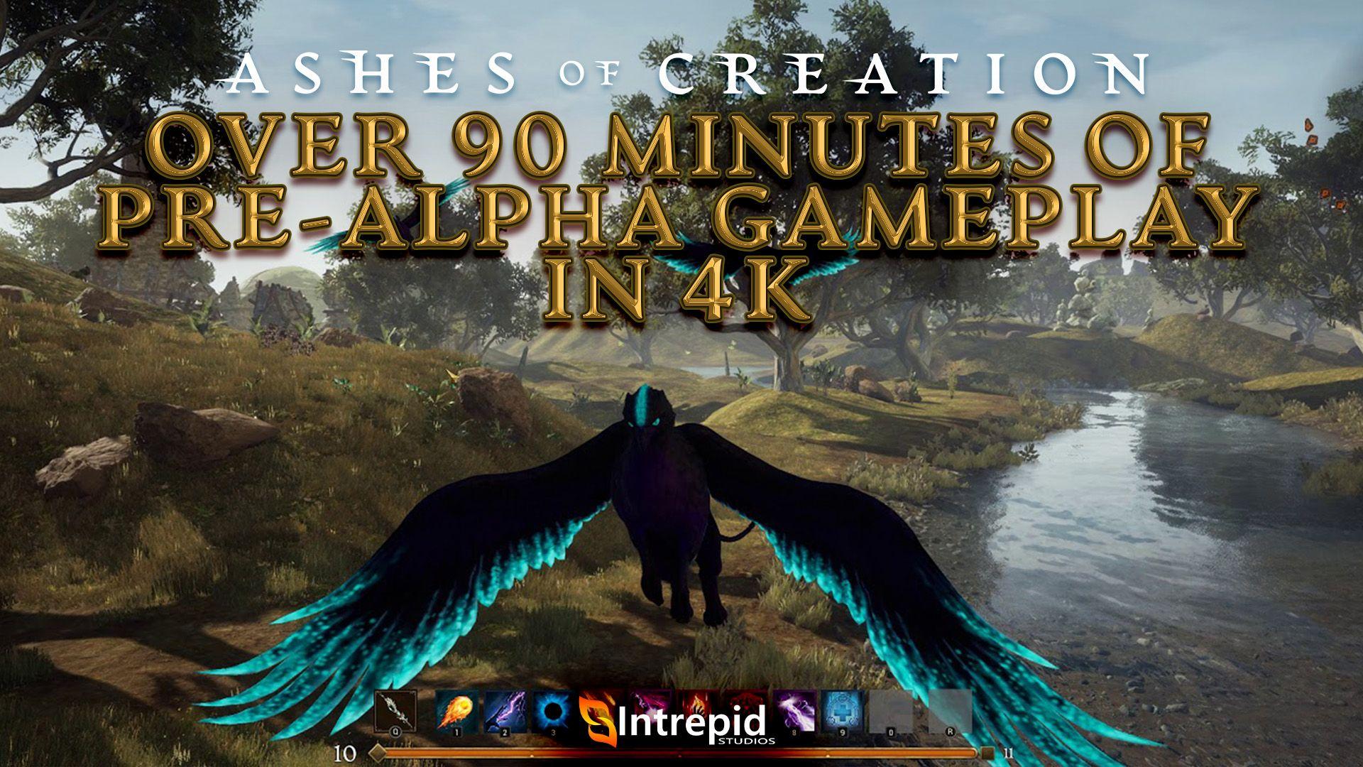 A hilled landscape with a river running through it and a giant black winged creature with glowing blue feathers flying through it.