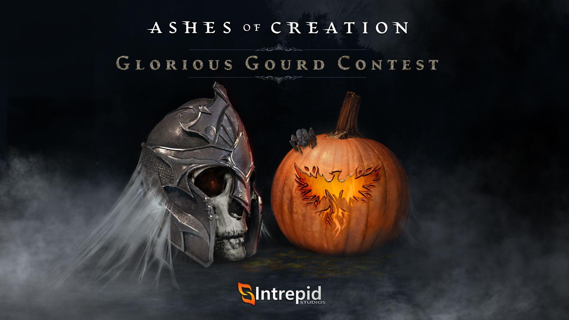 A smoky background with a helmeted skull and pumpkin with a phoenix sigil carved into it.