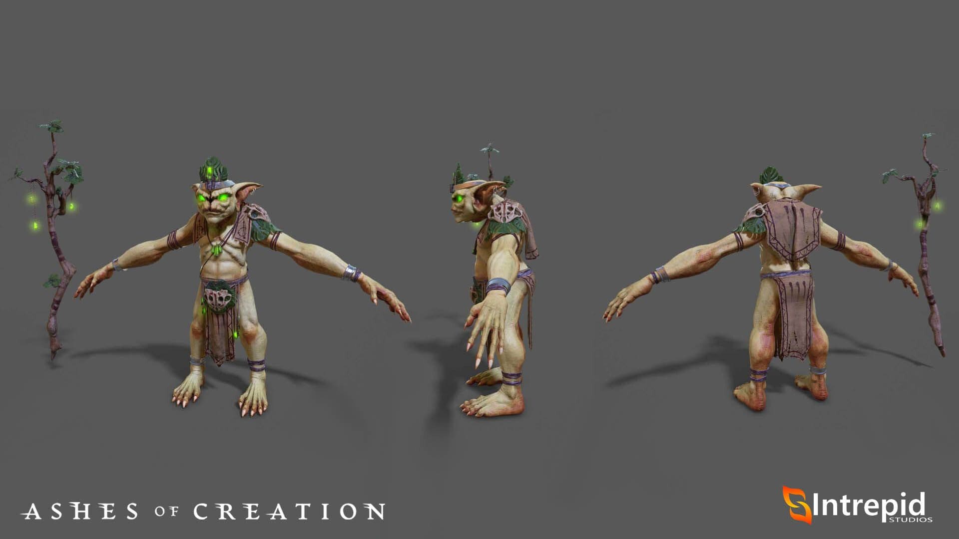 A front, side, and back view of a goblin with a branch as a walking stick, glowing green eyes, and a loincloth.