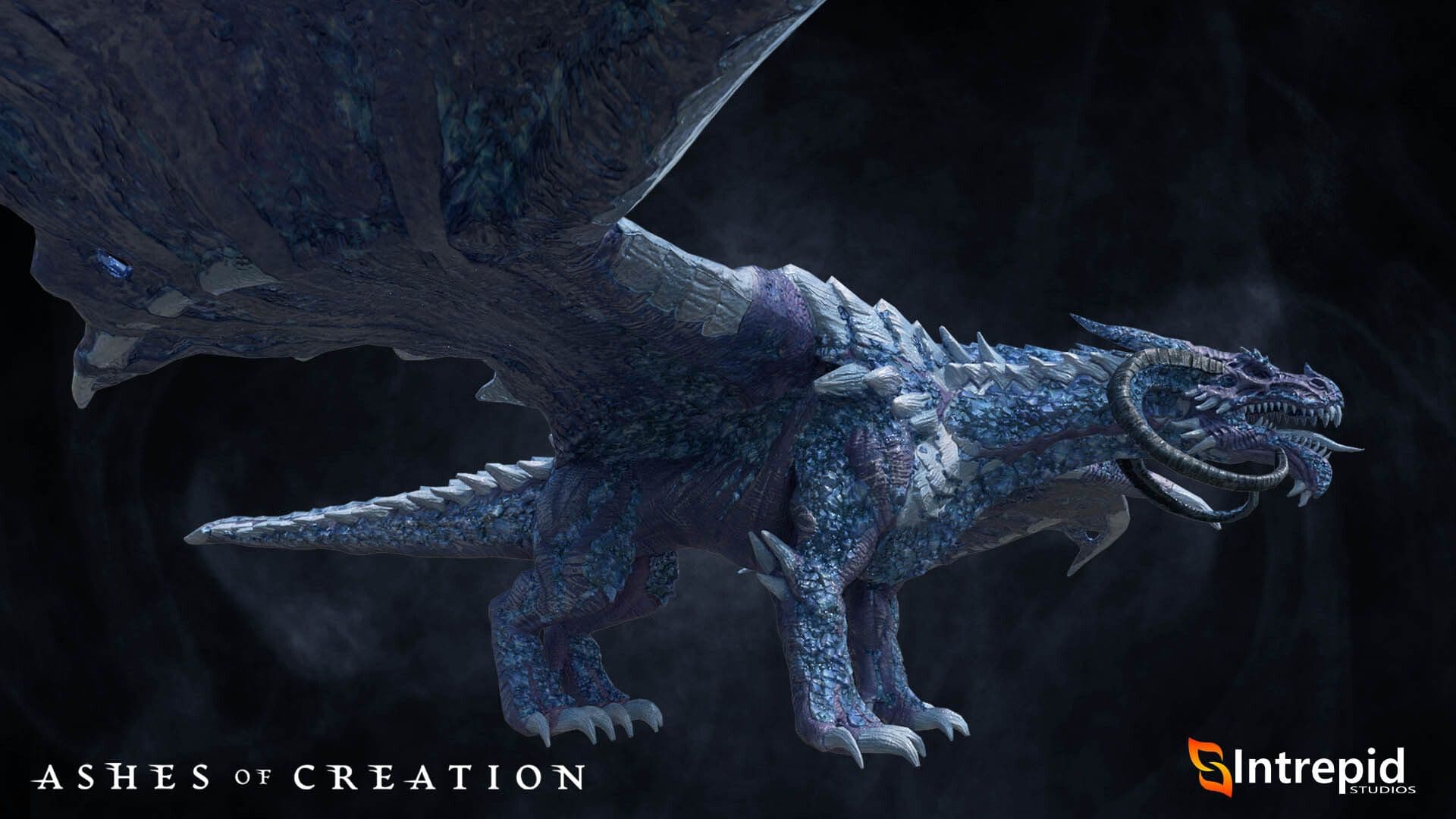 A dark blue dragon with light blue scales roars off to its side. 