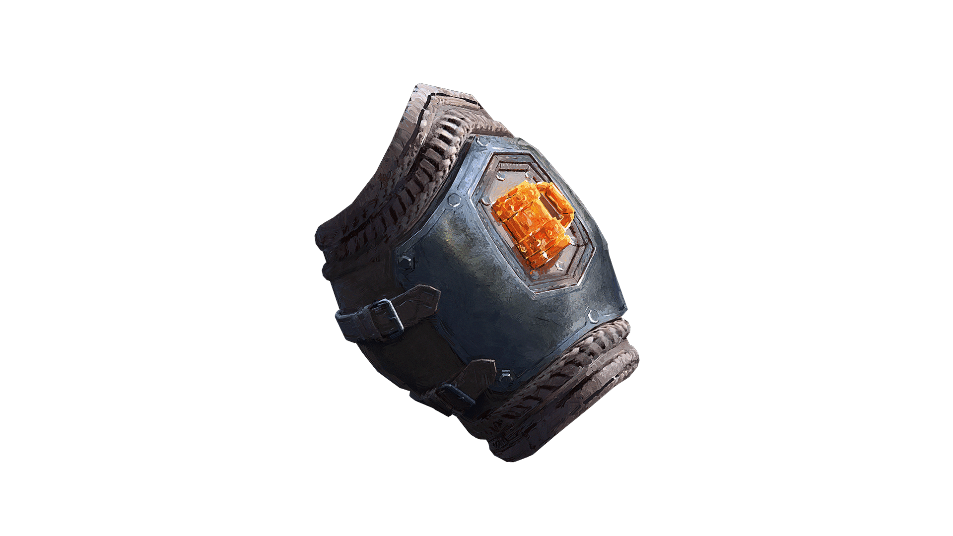 Standalone image for the Bracers of Brotherhood accessory cosmetic skin. A metal bracelet cuff with an orange gem in the center, bronze trim and straps on the side
