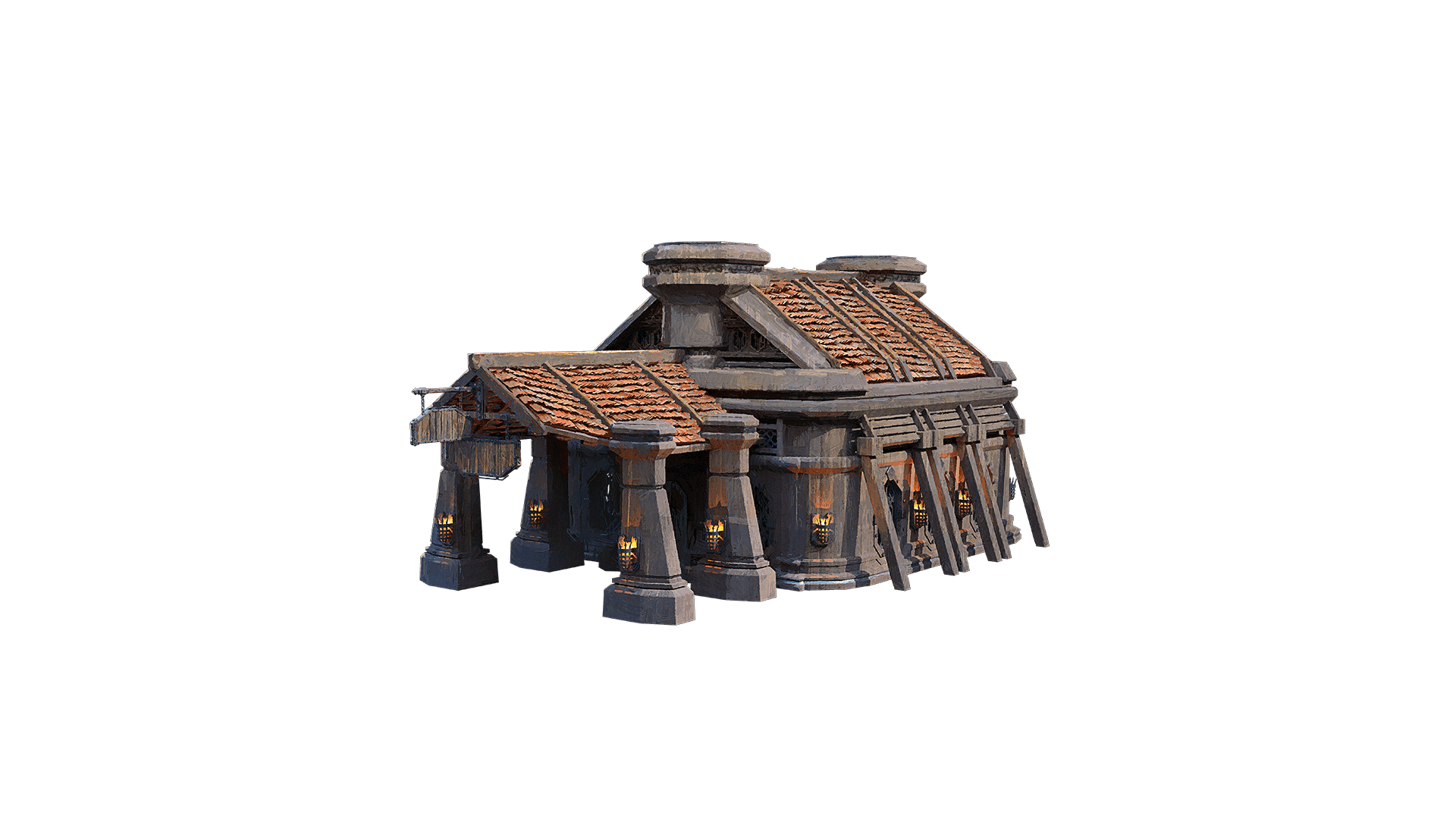 An image of the Quittin' Time Meadhall freehold business building cosmetic skin. This building is contructed of giant pieces of wood and red shingles 