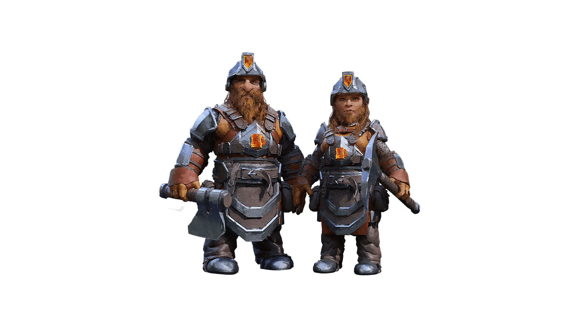 A dunir male to the left of a dunir female wearing Smashed Tumb Brigade Cosemtic skins. Metal armor with battle axes in hand. Armor adorned with orange gems