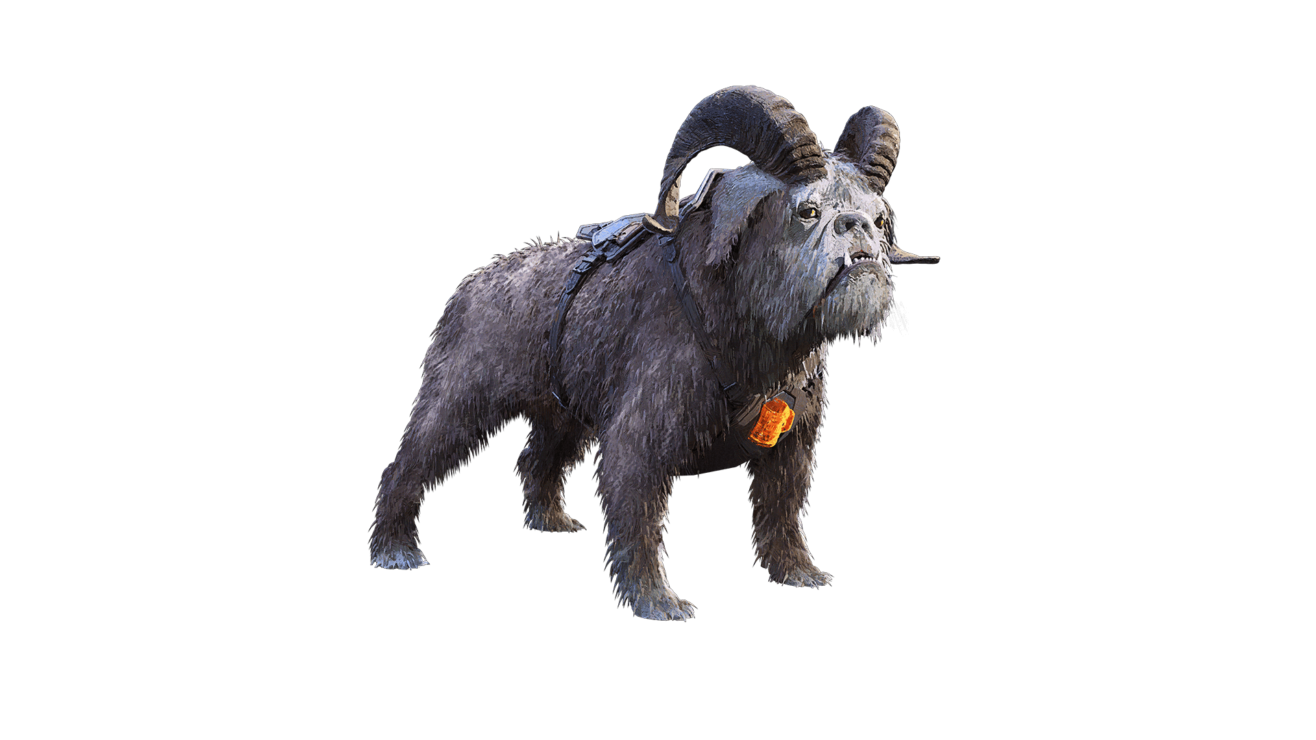 A standalone image of the Boulderstone Bulldog mount cosmetic skin. This skin resembles a bulldog with an underbite, two large curling horns on top of his head, and an orange gem in the center of its chest