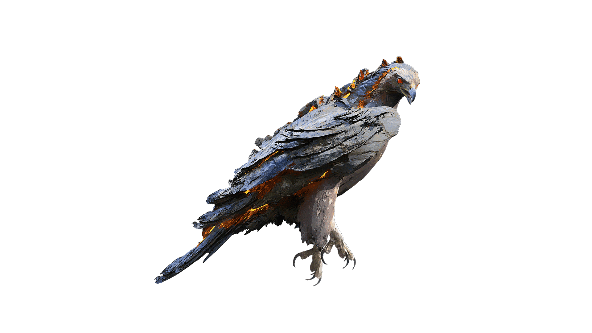 Standalone image of the Rock Hawk pet cosmetic skin. The rock hawk has beady red eyes, grey feathers with blue and red ones sticking out around the tail area