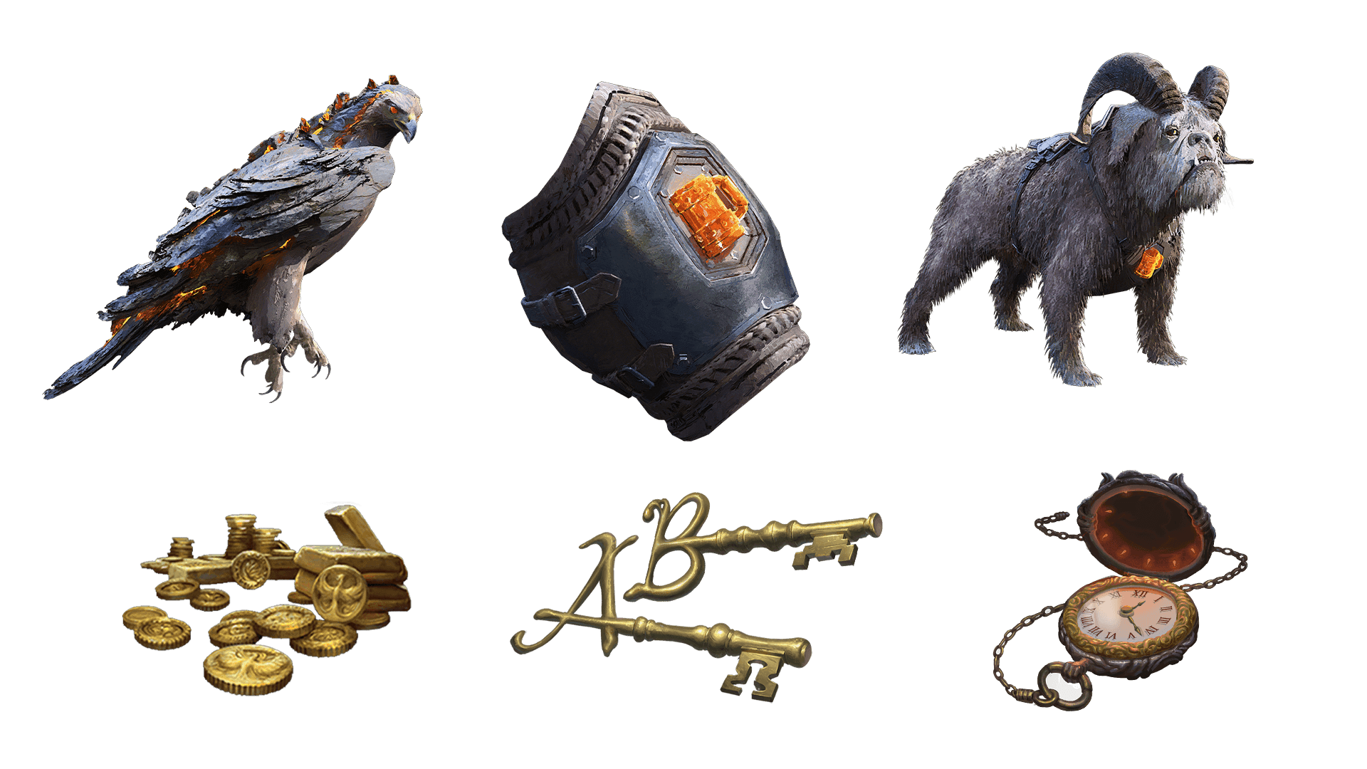 6 images of items included in the voyager pre-order package. A pocket watch for game time, a coin for embers, a key for game access, the accessory, the pet, and mount