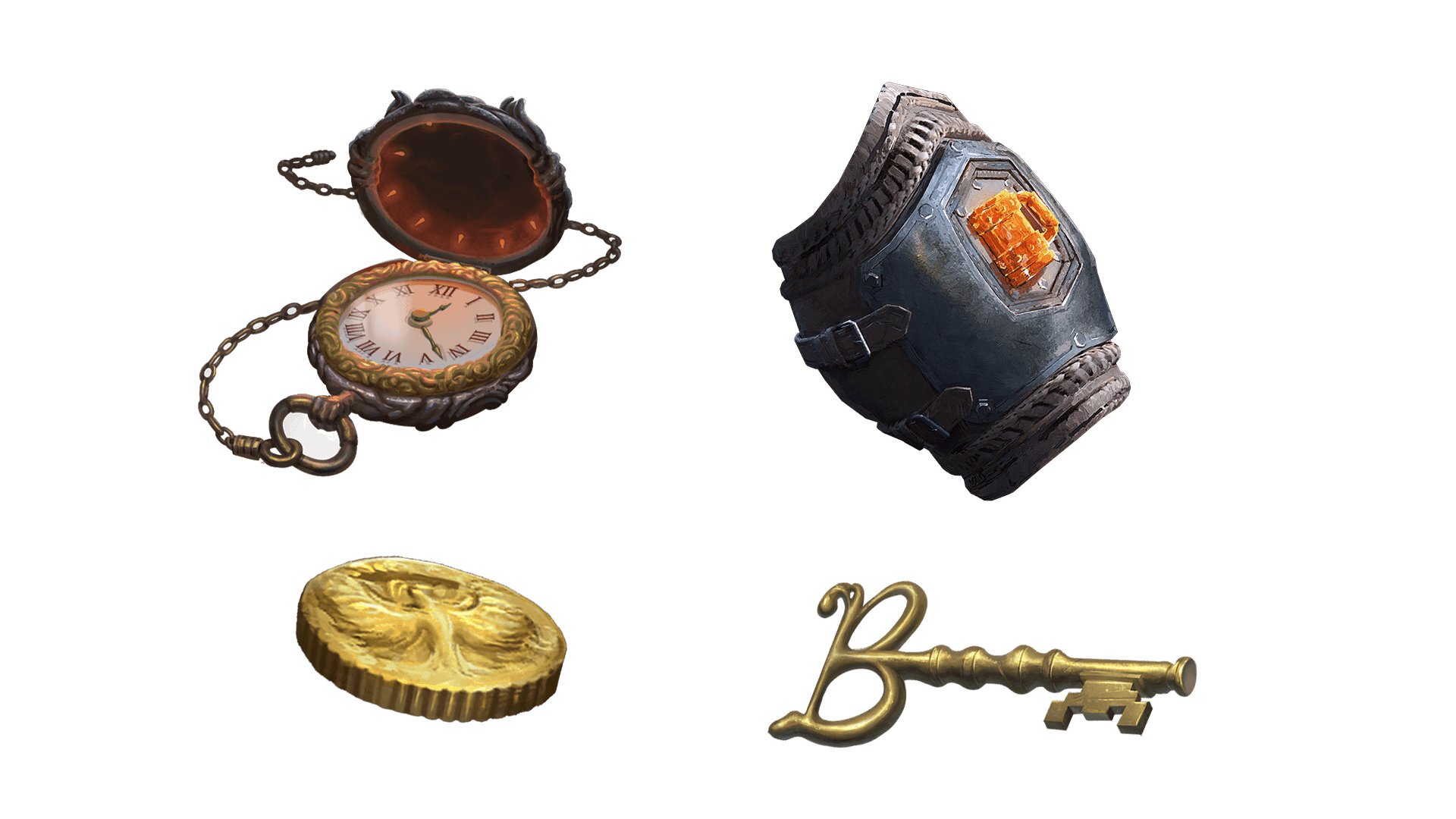 4 images of items included in the wayfarer pre-order package. A pocket watch for game time, a coin for embers, a key for game access, and the accessory