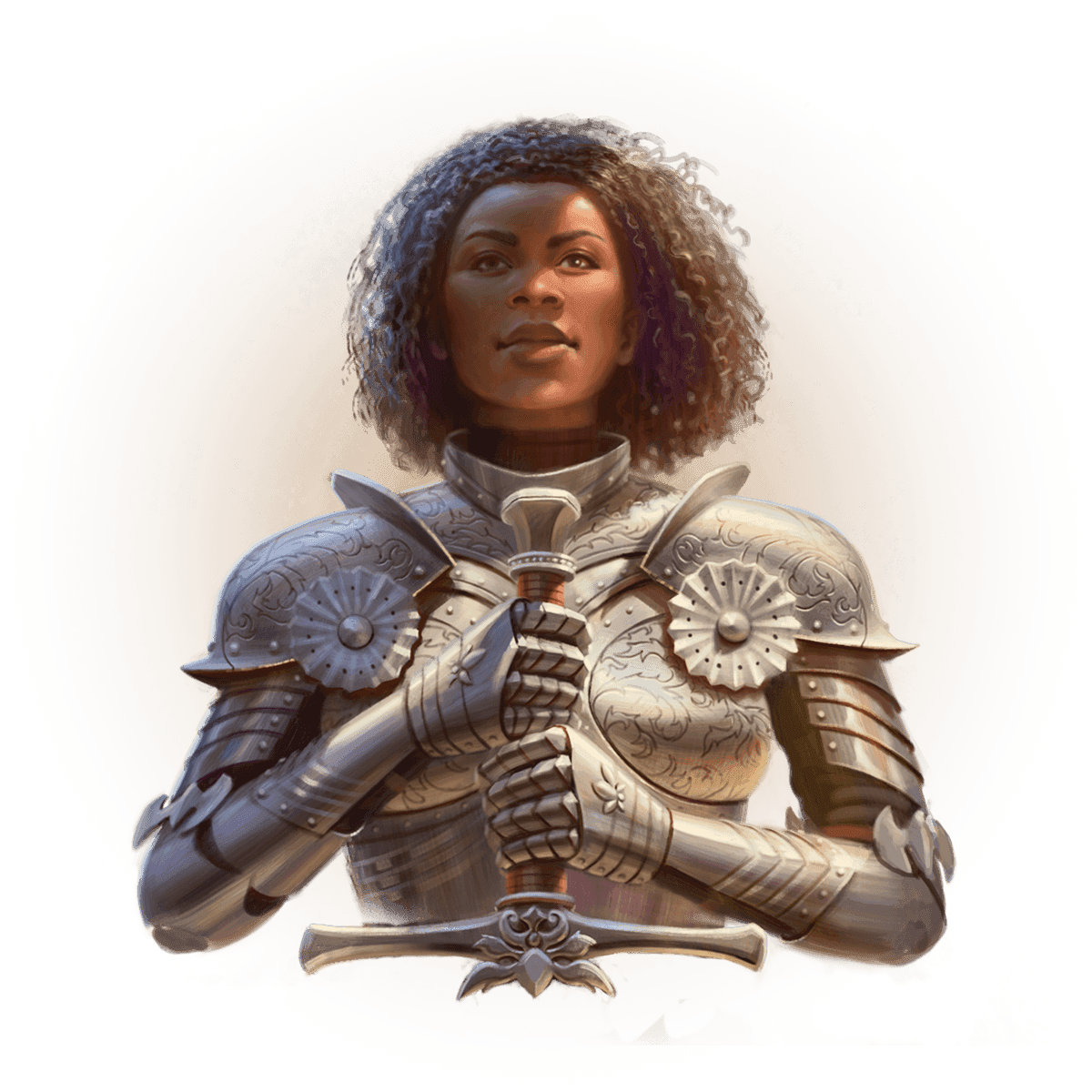 A human woman with dark skin, eyes and dark tightly curled hair faces forward looking up slightly. She wears a suit of shiny silver armor and holds a sword pointed downwards in front of her chest with both hands
