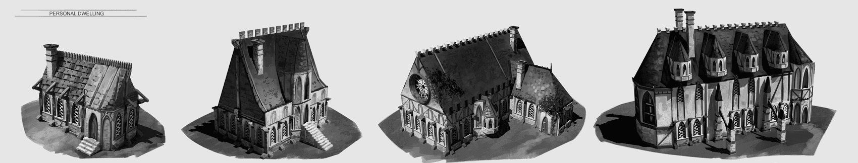 Black and white concept sketches of 4 different buildings.